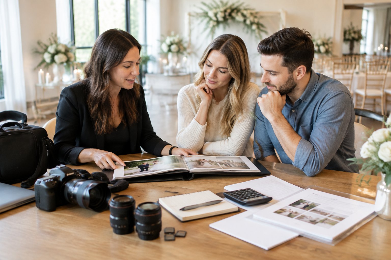 A wedding photographer discusses photography options with an engaged couple while camera equipment and budgeting materials sit on a table.