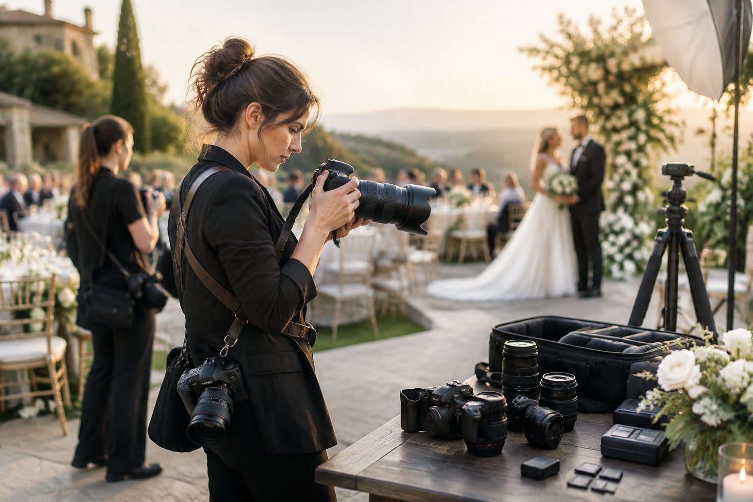 A wedding photographer uses professional camera equipment at an outdoor wedding while an assistant works nearby.