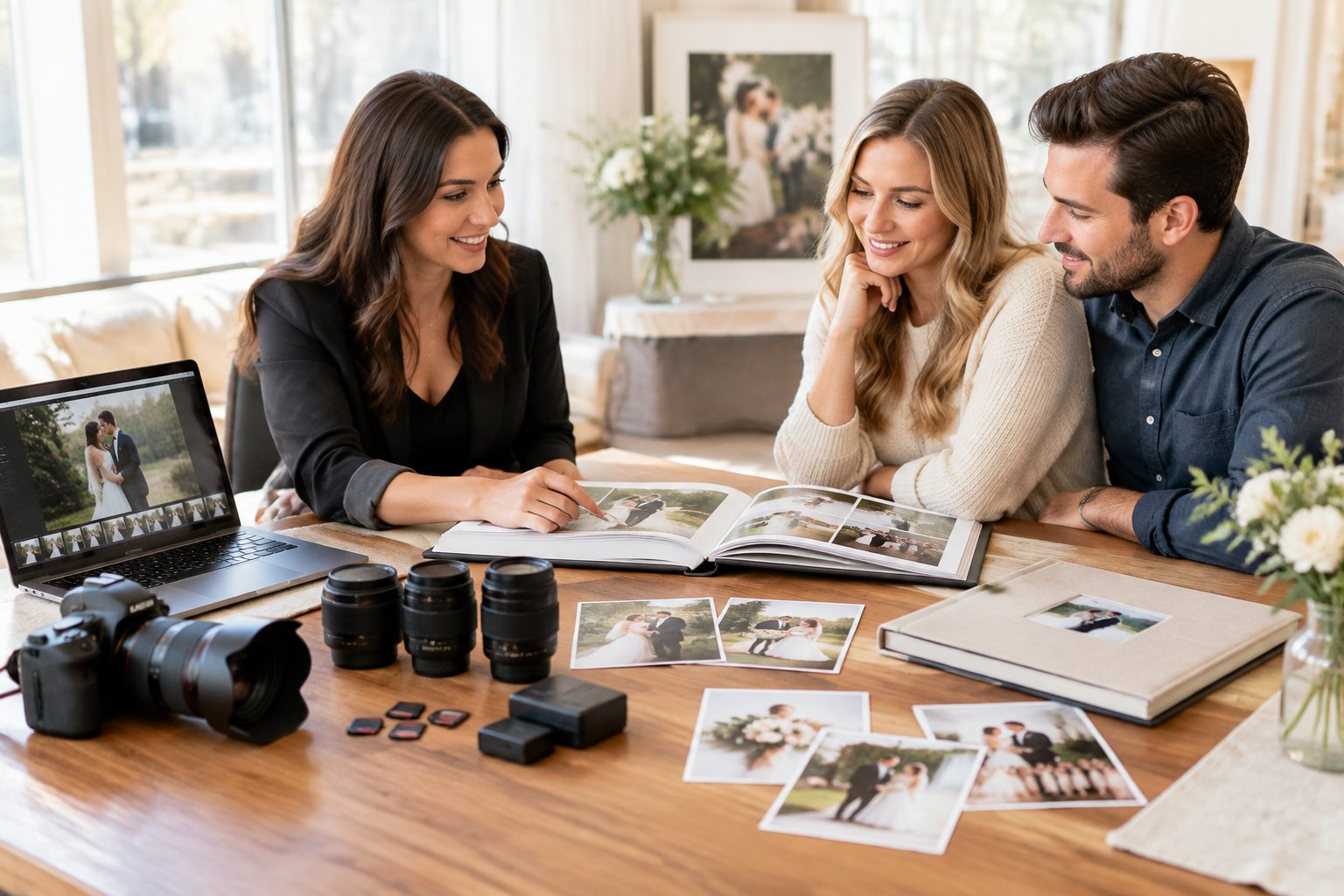 A wedding photographer reviews an album and camera equipment with an engaged couple.