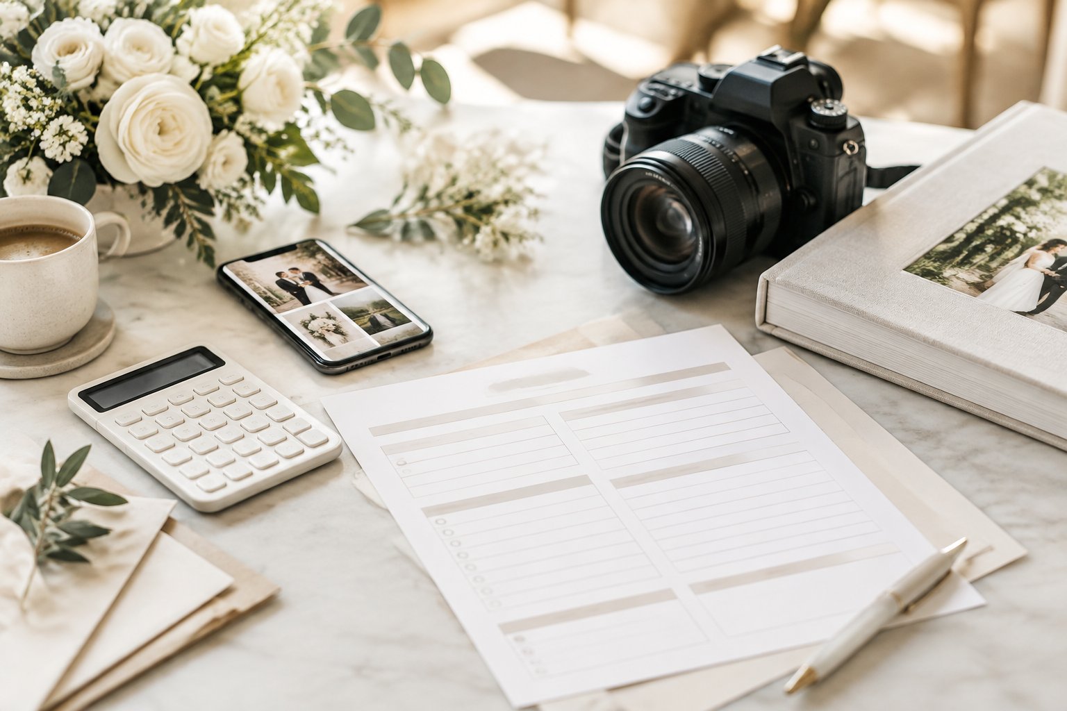 A wedding budget planning table with a camera, calculator, financial papers, smartphone, and wedding album surrounded by flowers.