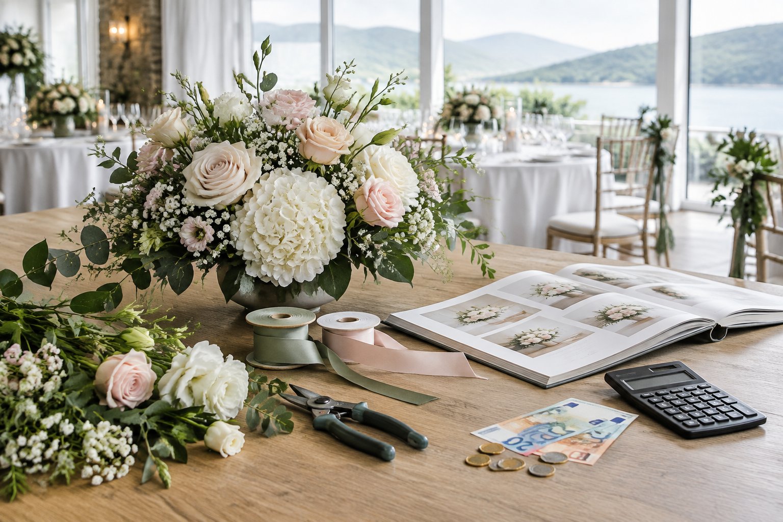 Wedding flowers, a calculator, euro currency, and florist tools arranged on an elegant reception table.
