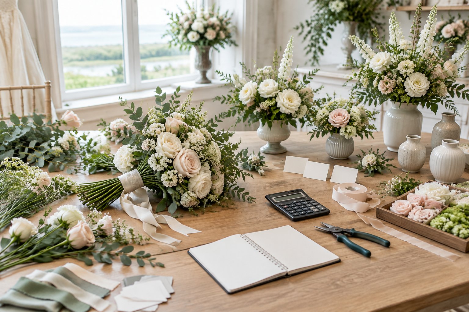 A wedding flower consultation table with a bridal bouquet, loose flowers, greenery, vases, and budgeting materials.