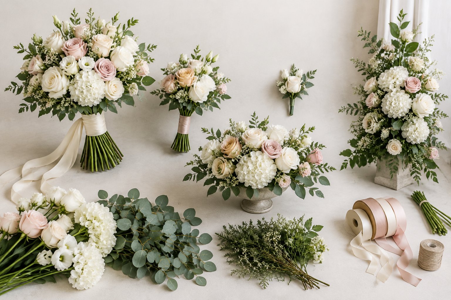 Wedding flower arrangements and individual floral items displayed on a light surface.