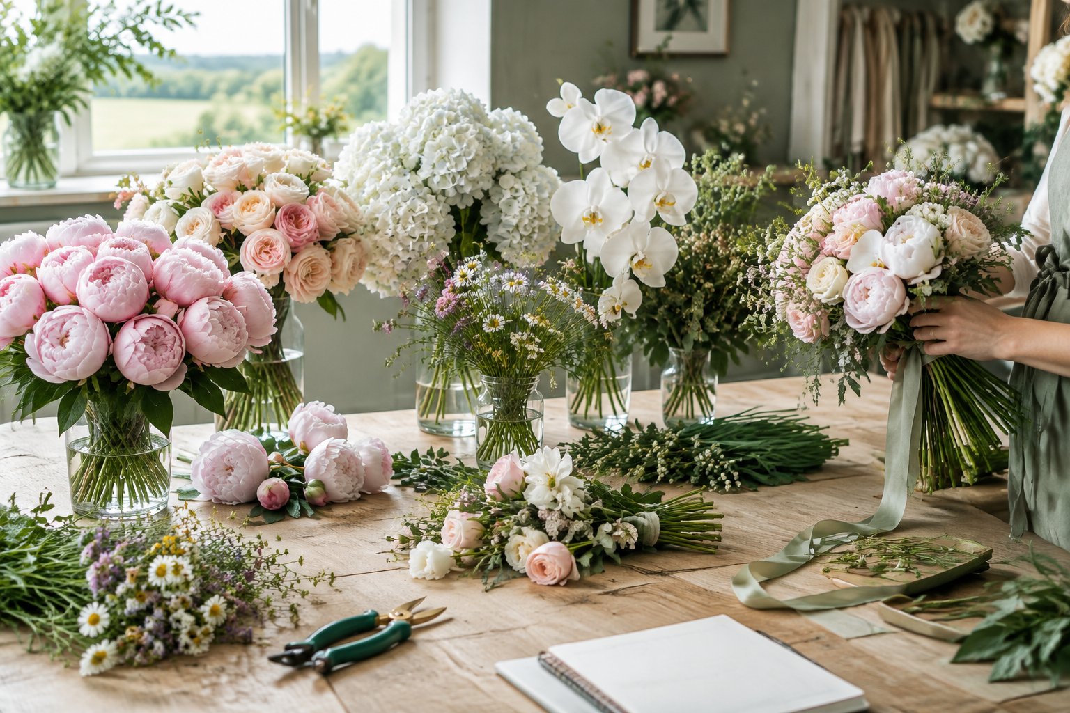 A florist compares seasonal flowers and luxurious wedding bouquets on a worktable.