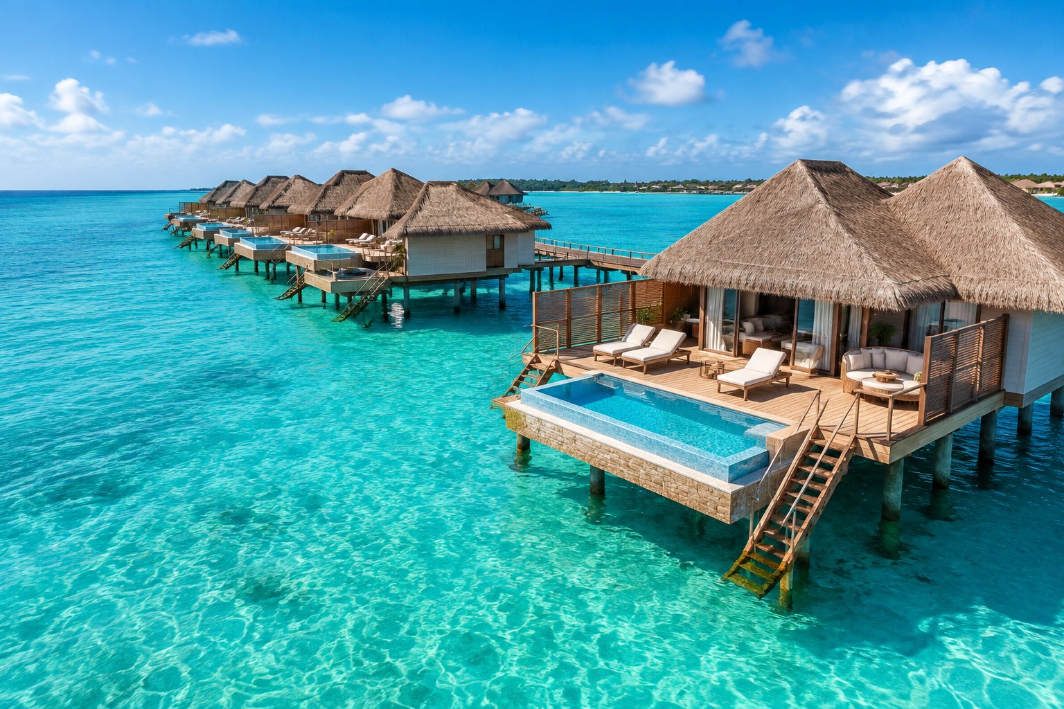 Luxury overwater bungalows on a wooden pier above clear turquoise water in Aruba.