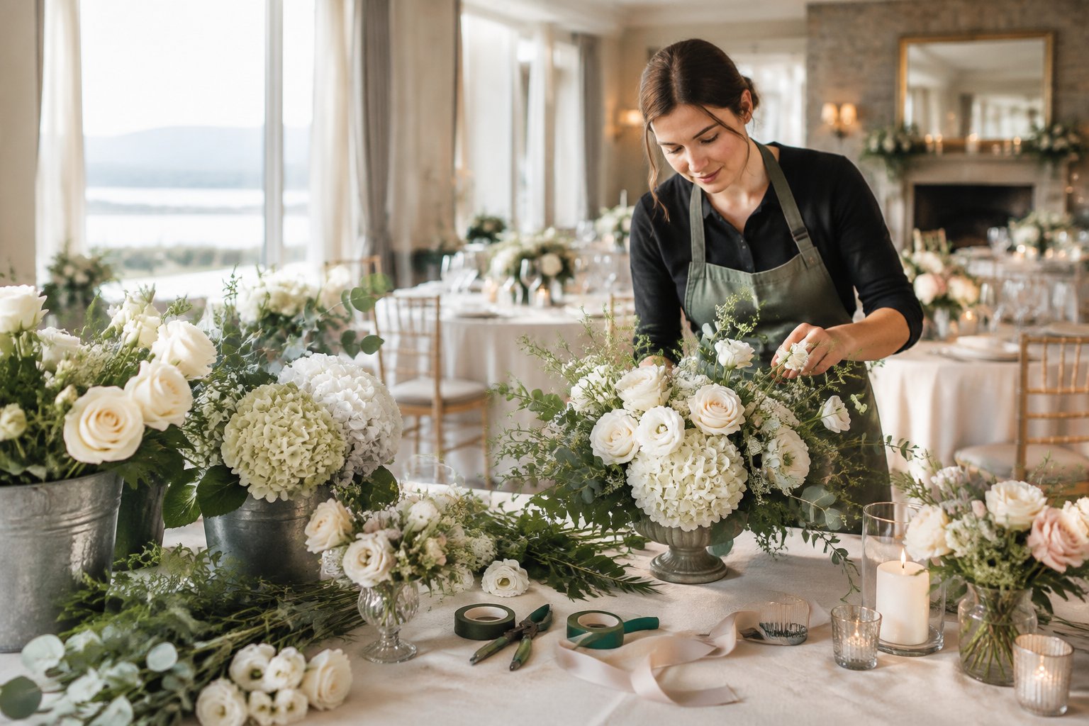 A florist arranges white and blush flowers for an elegant wedding reception table.