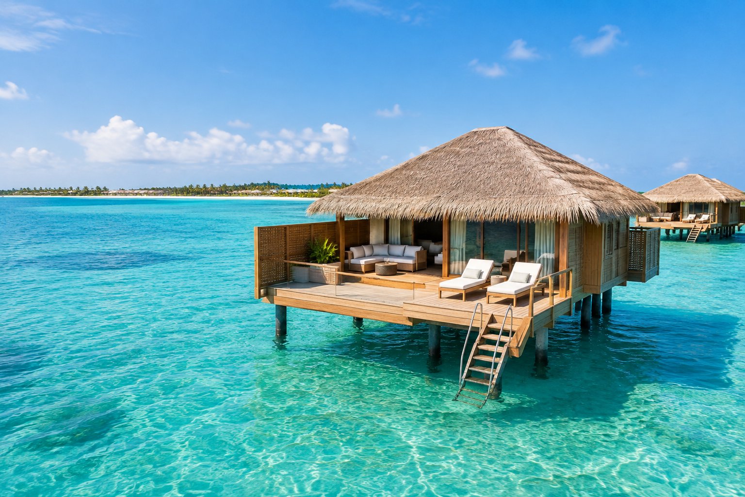 A luxurious overwater bungalow with a private deck above clear turquoise water in Aruba.