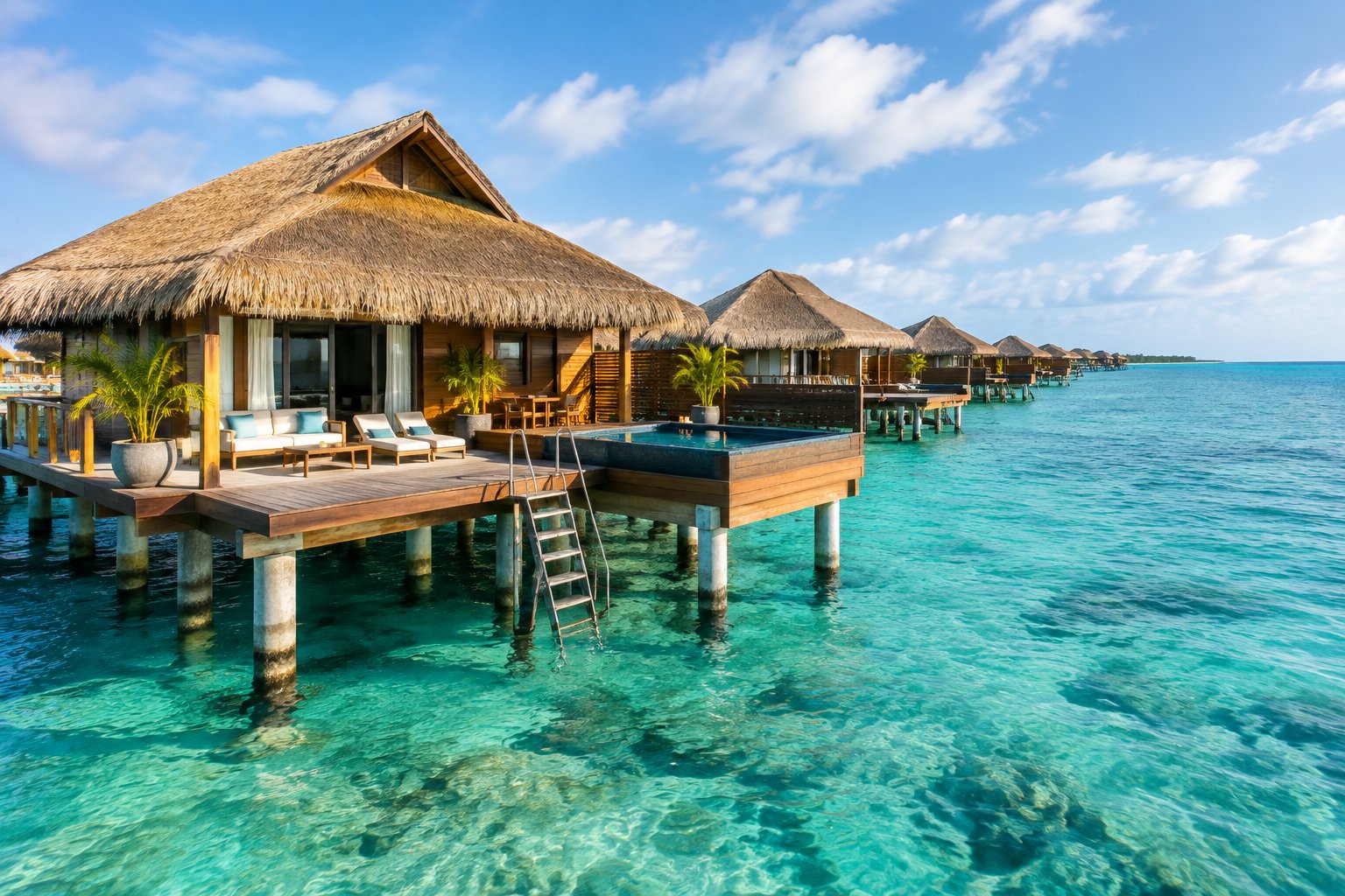 An overwater bungalow with a private deck surrounded by clear turquoise Caribbean water.