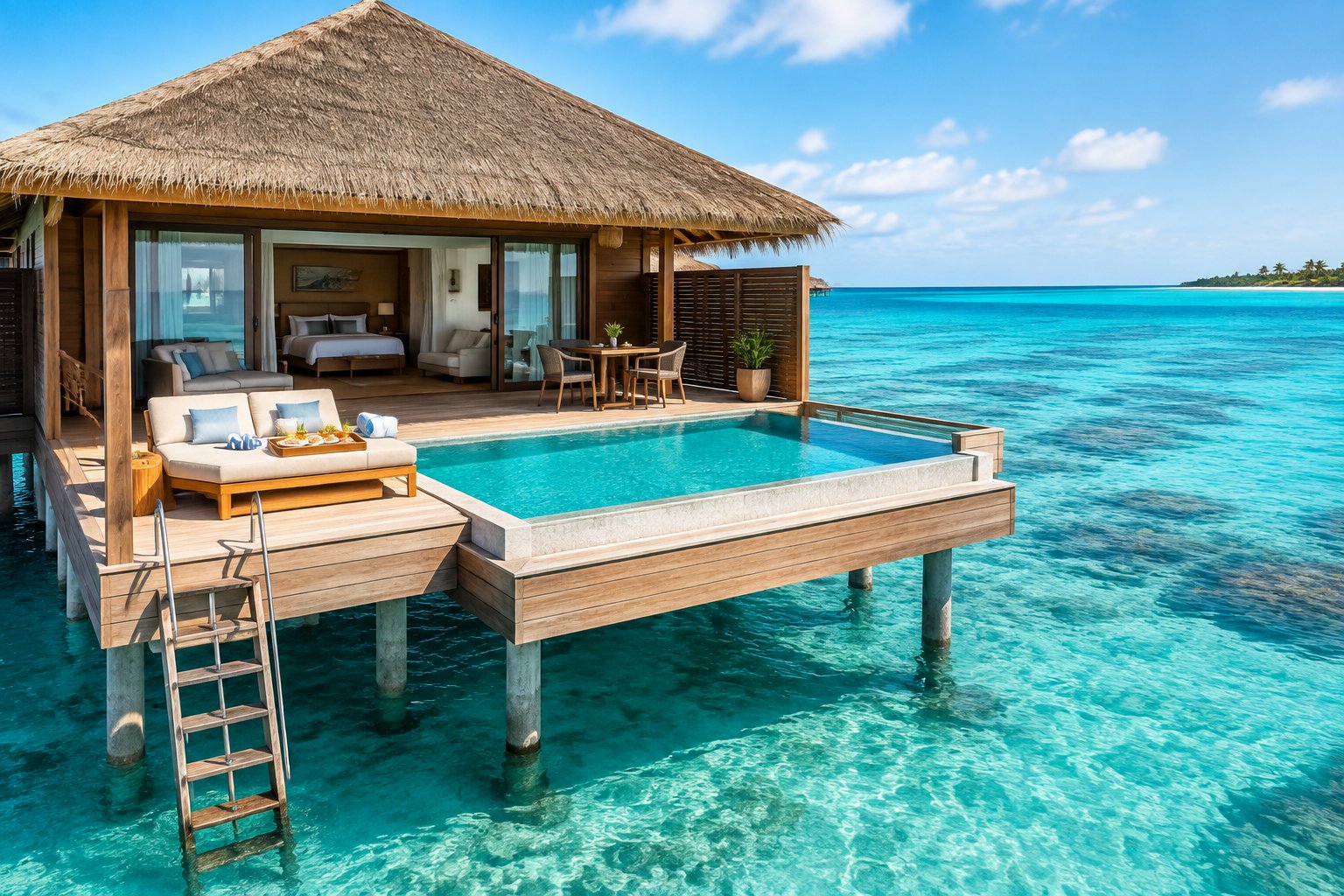 A luxurious overwater villa in Aruba with a private deck, plunge pool, and ladder descending into clear turquoise water.