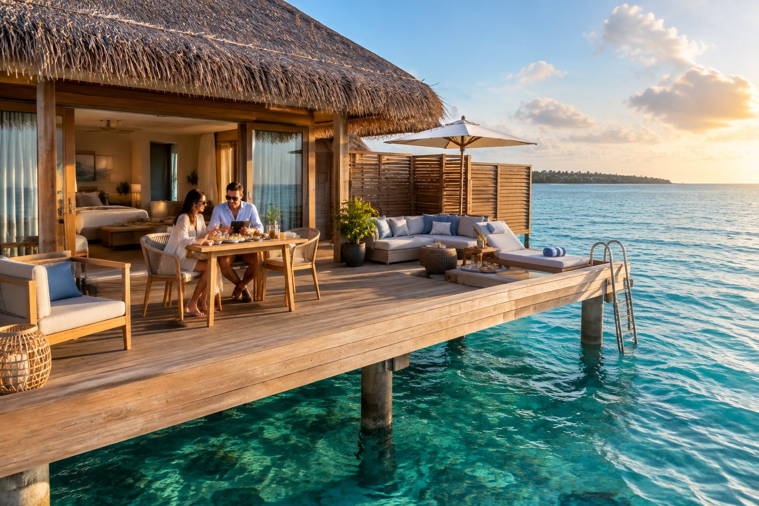 A couple reviews travel plans on the deck of a luxury overwater bungalow above clear Caribbean water.