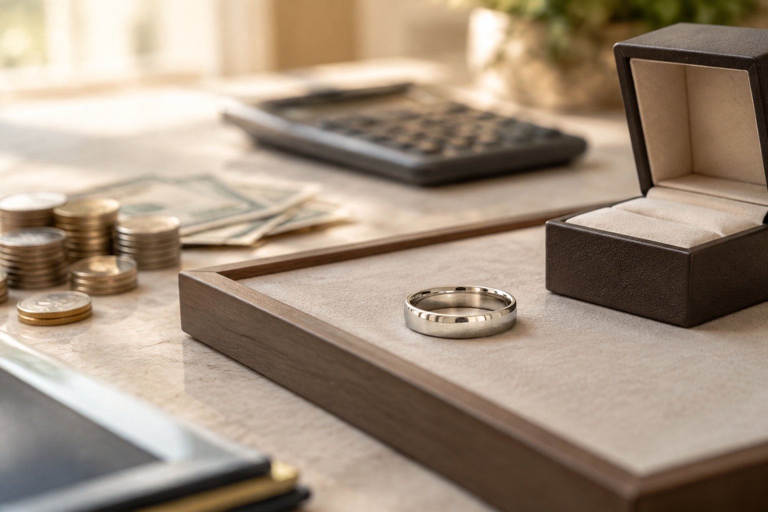 A men’s wedding ring displayed in an open ring box beside coins and generic financial items.