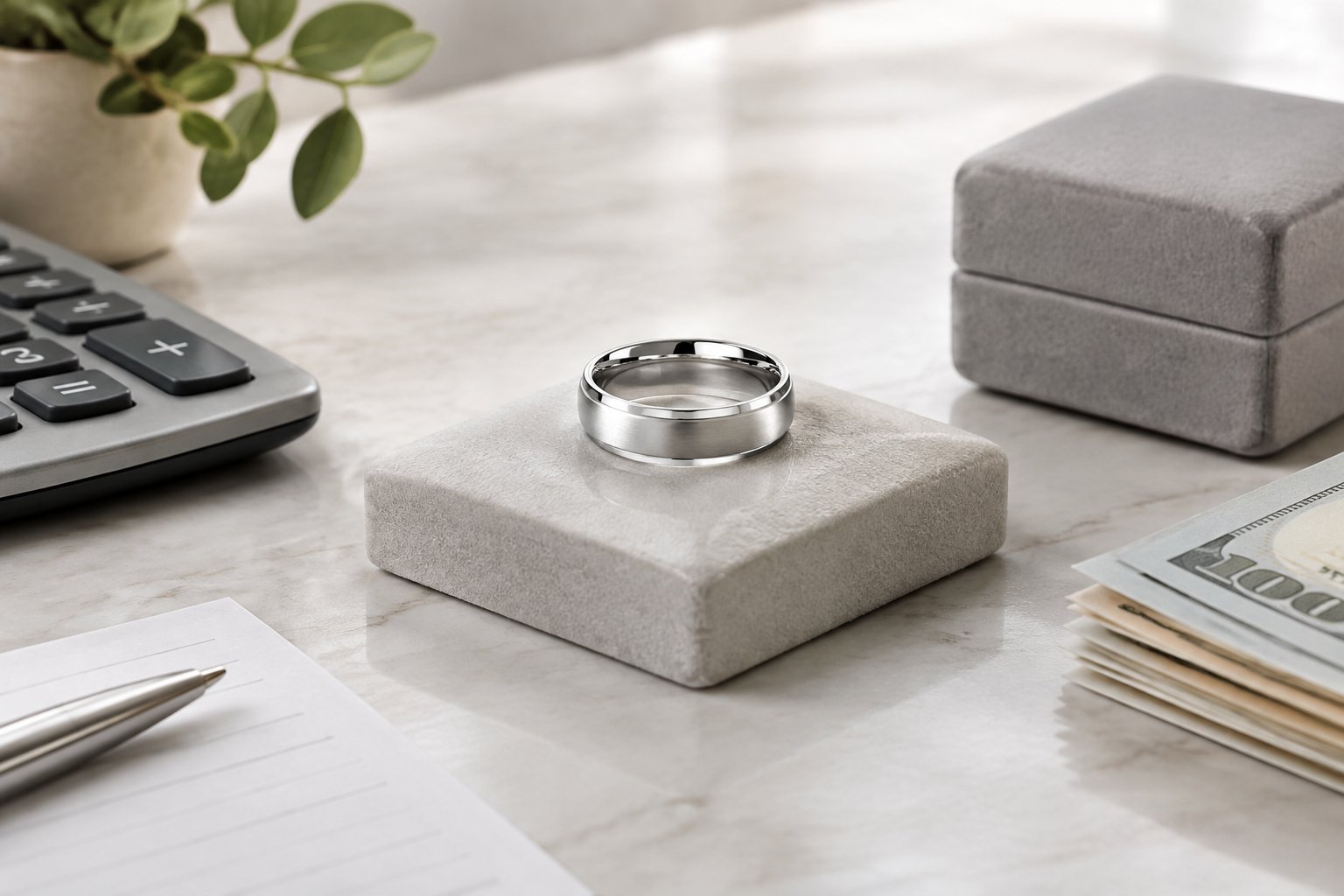 A men's wedding band displayed beside a ring box, receipt, calculator, and money.