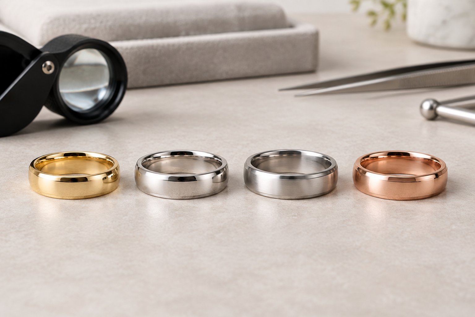Several men’s wedding bands in different metal colors arranged on a jewelry display.