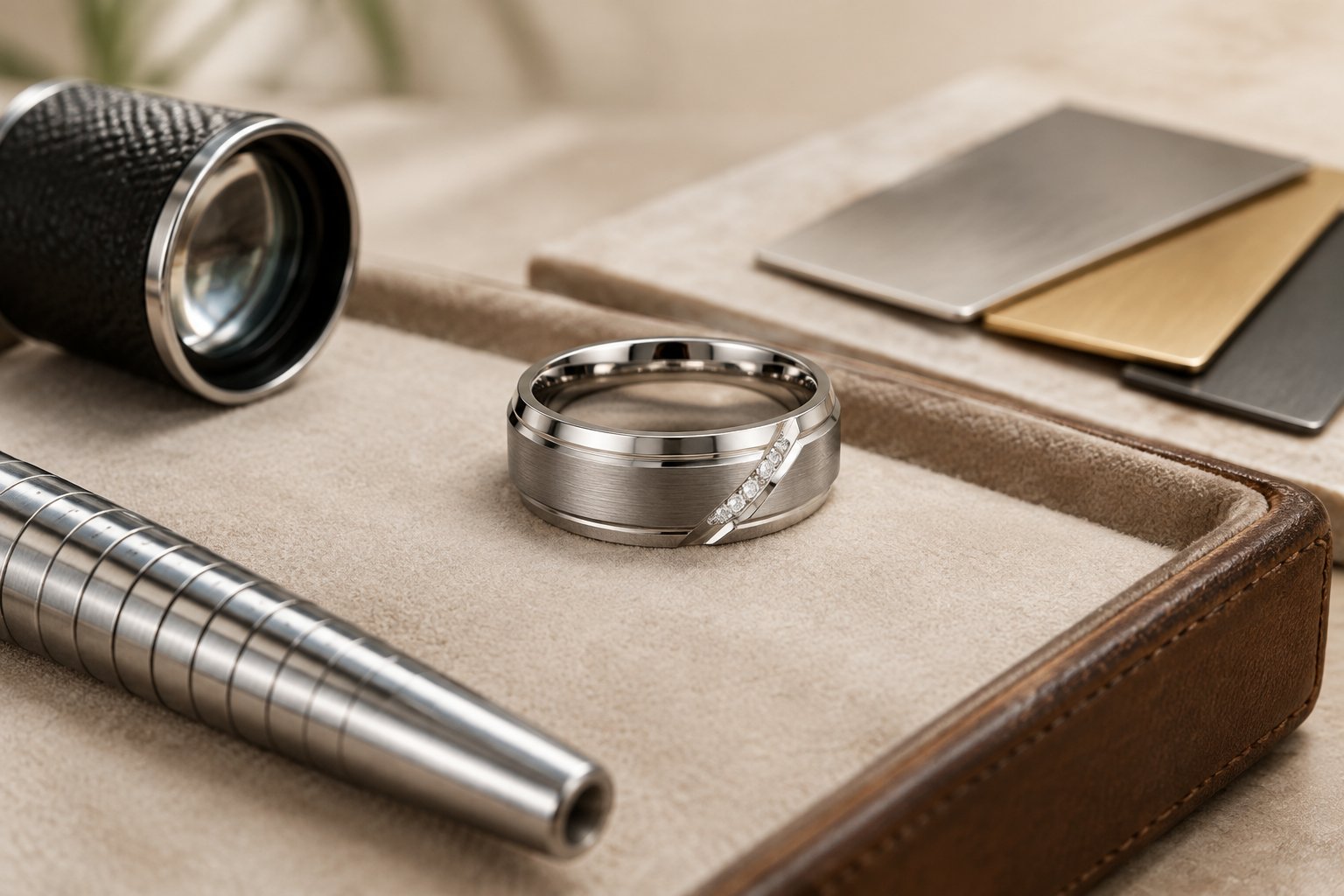 A men's wedding band with varied design details rests on a jeweler's tray beside precision tools and material samples.
