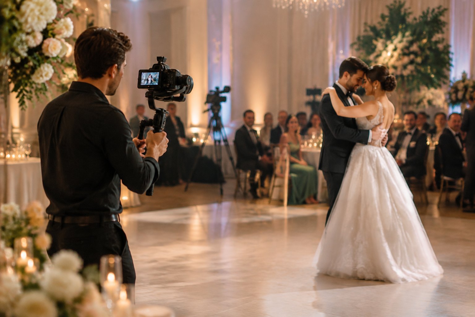 A wedding videographer films a newlywed couple during their first dance at an elegant reception.