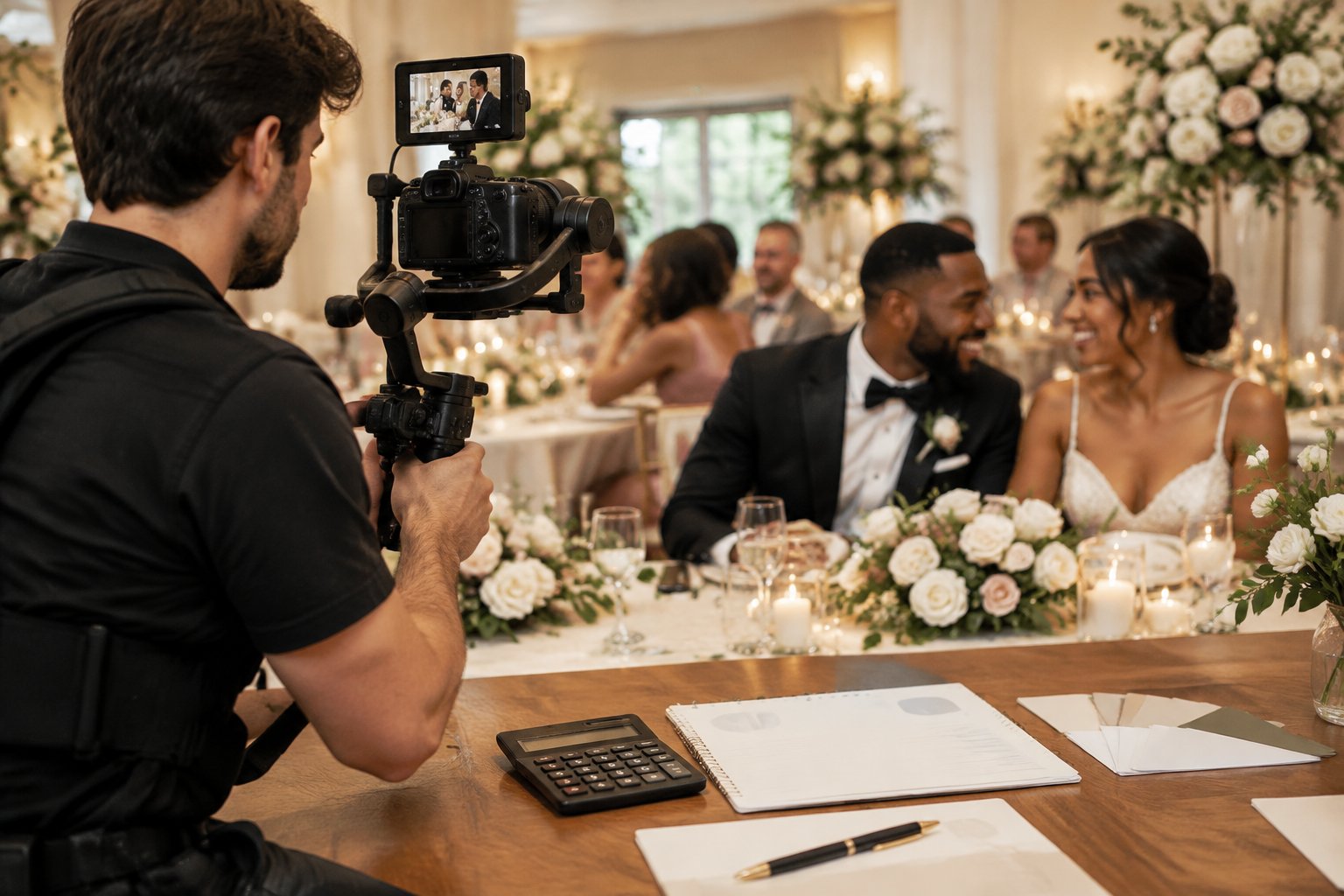 A wedding videographer films a smiling couple at an elegant reception beside a wedding planning notebook and calculator.