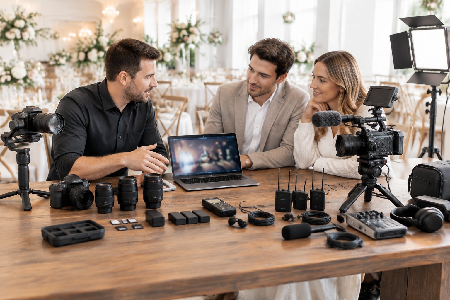 A wedding videographer discusses filming equipment and service options with an engaged couple in an elegant venue.