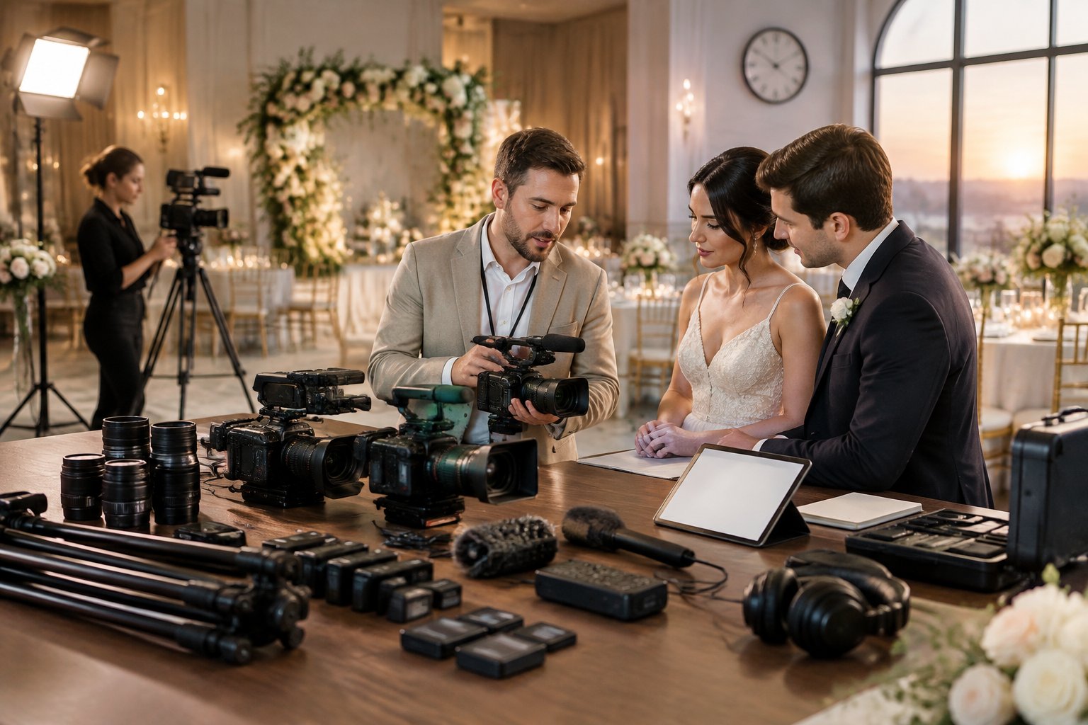 A wedding videographer discusses camera equipment and production plans with an engaged couple at an elegant venue.