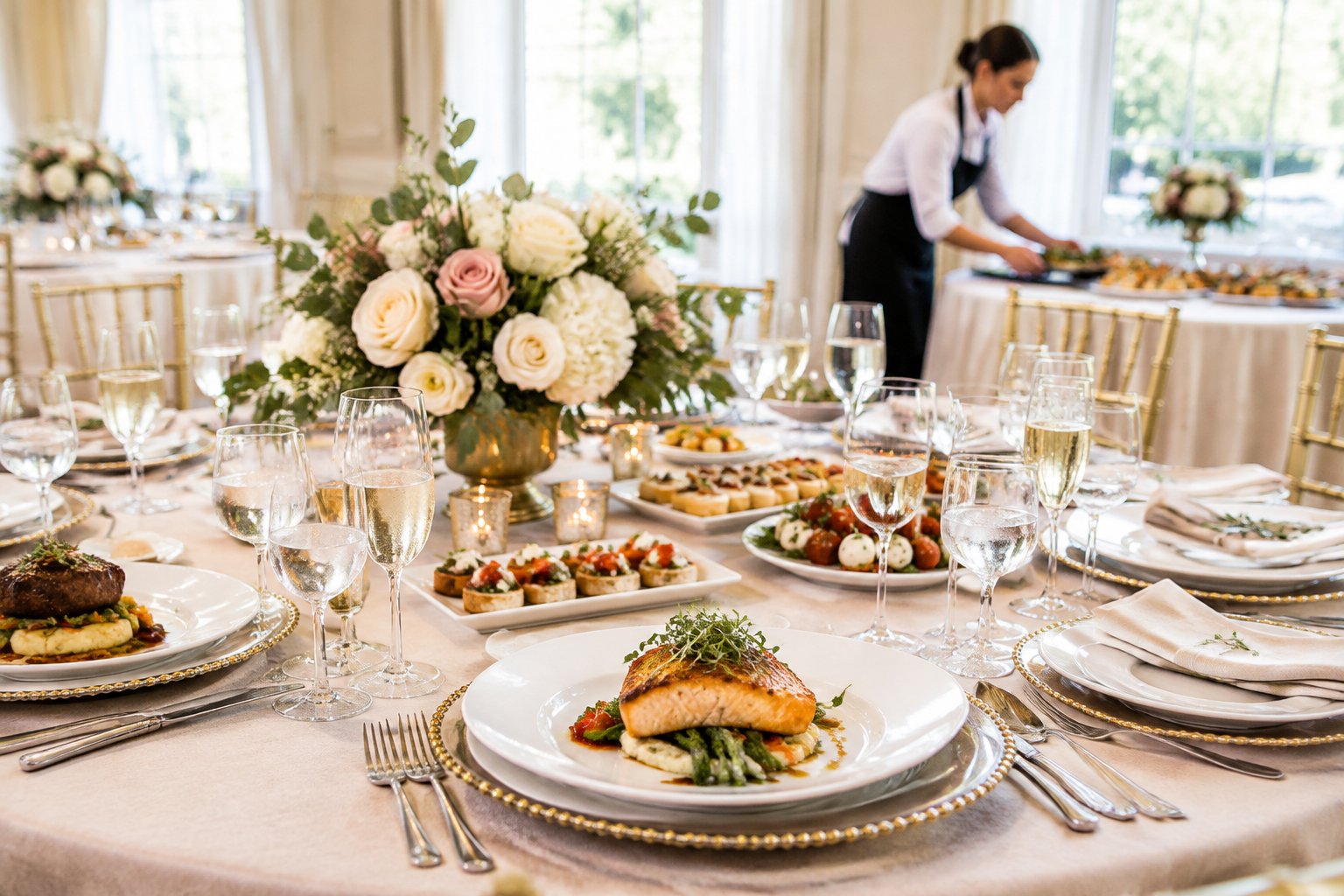 An elegant wedding reception table with plated meals, appetizers, glassware, and a caterer arranging dishes.