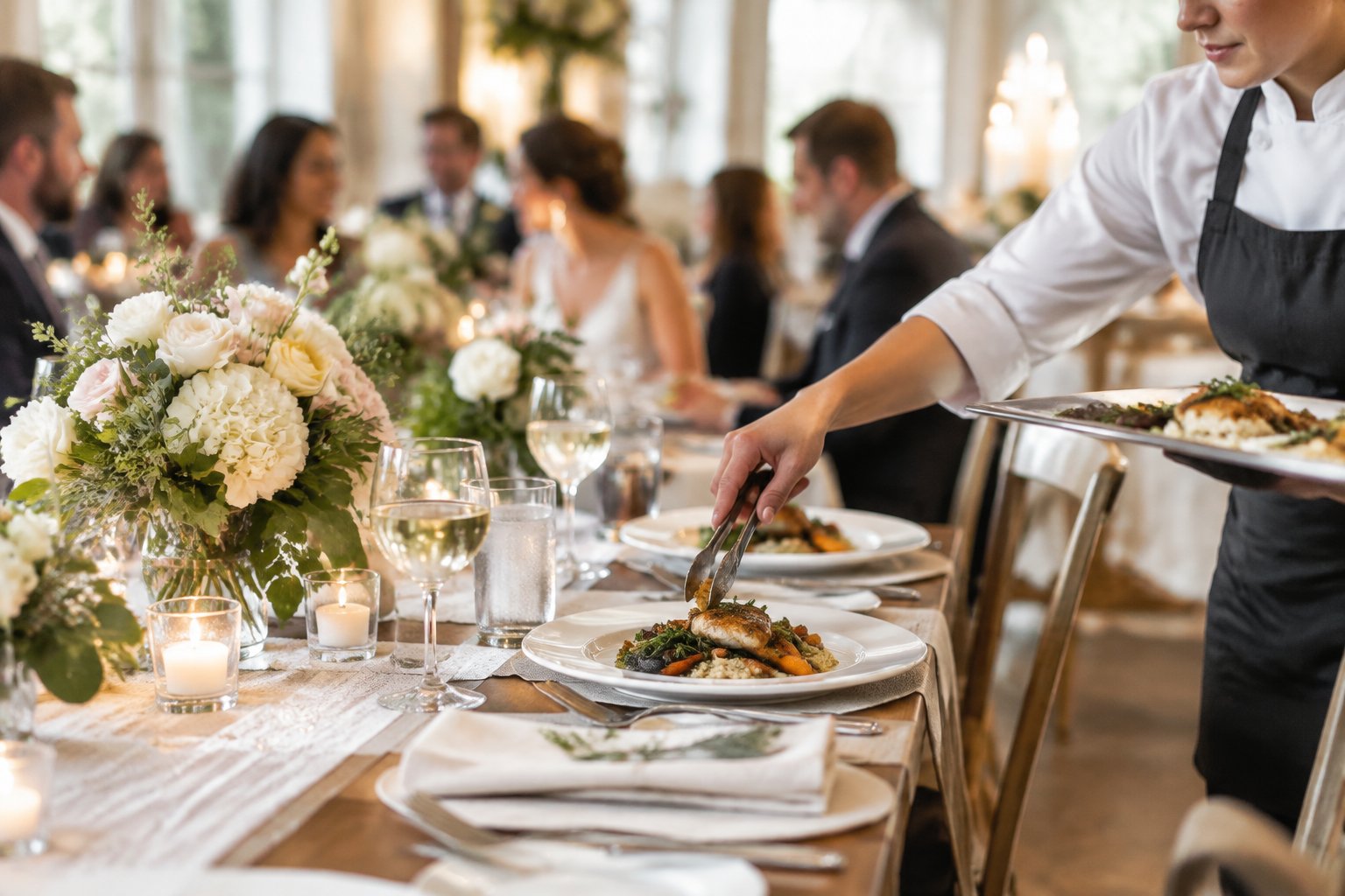Wedding reception table with catered food, place settings, and guests dining in the background.