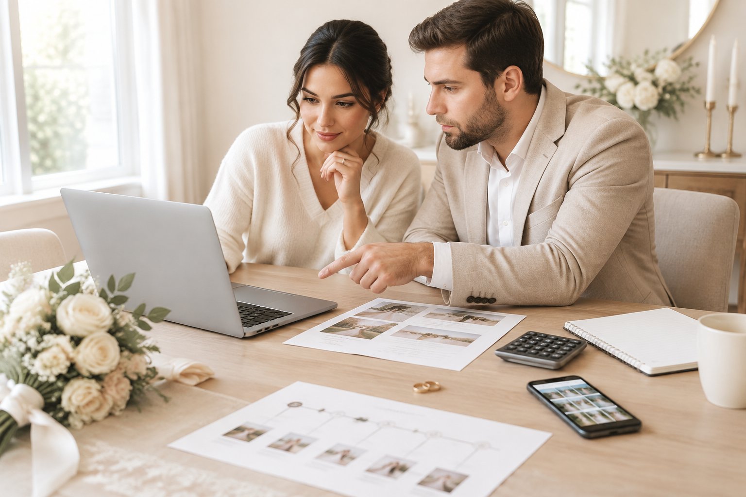 A couple compares wedding videography options and reviews a budget at a planning table.