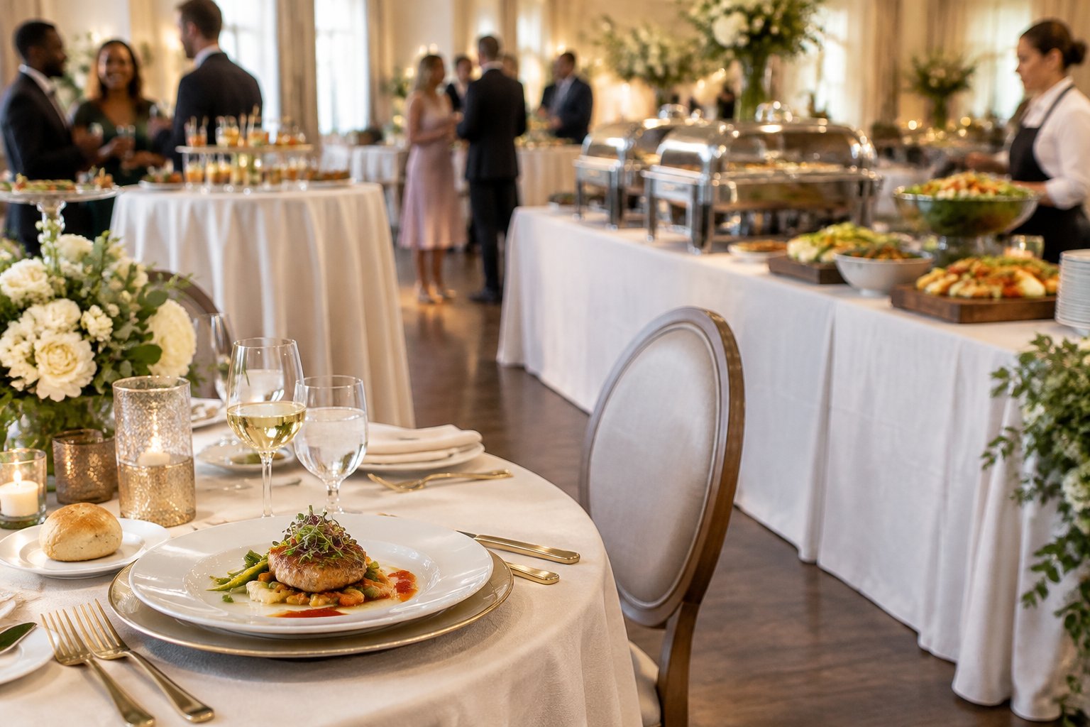 Elegant wedding reception showing plated meals, a buffet station, and cocktail appetizers.