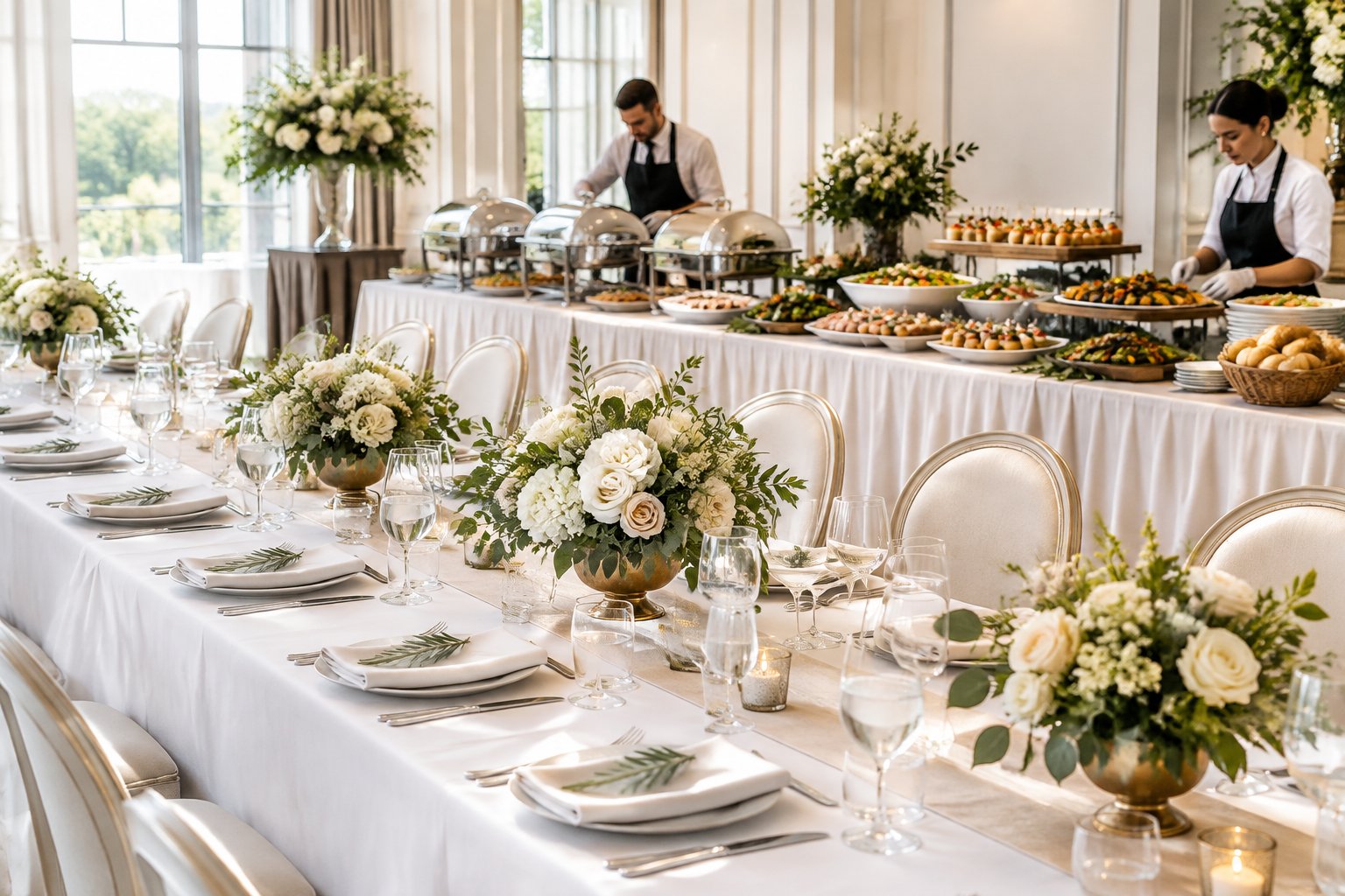 Elegant wedding reception table with plated food, serving dishes, floral centerpieces, and catering staff.