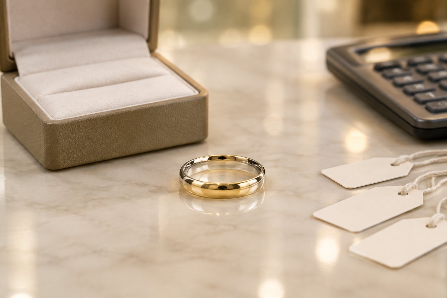 A classic wedding band displayed on a jewelry counter beside an open ring box and calculator.