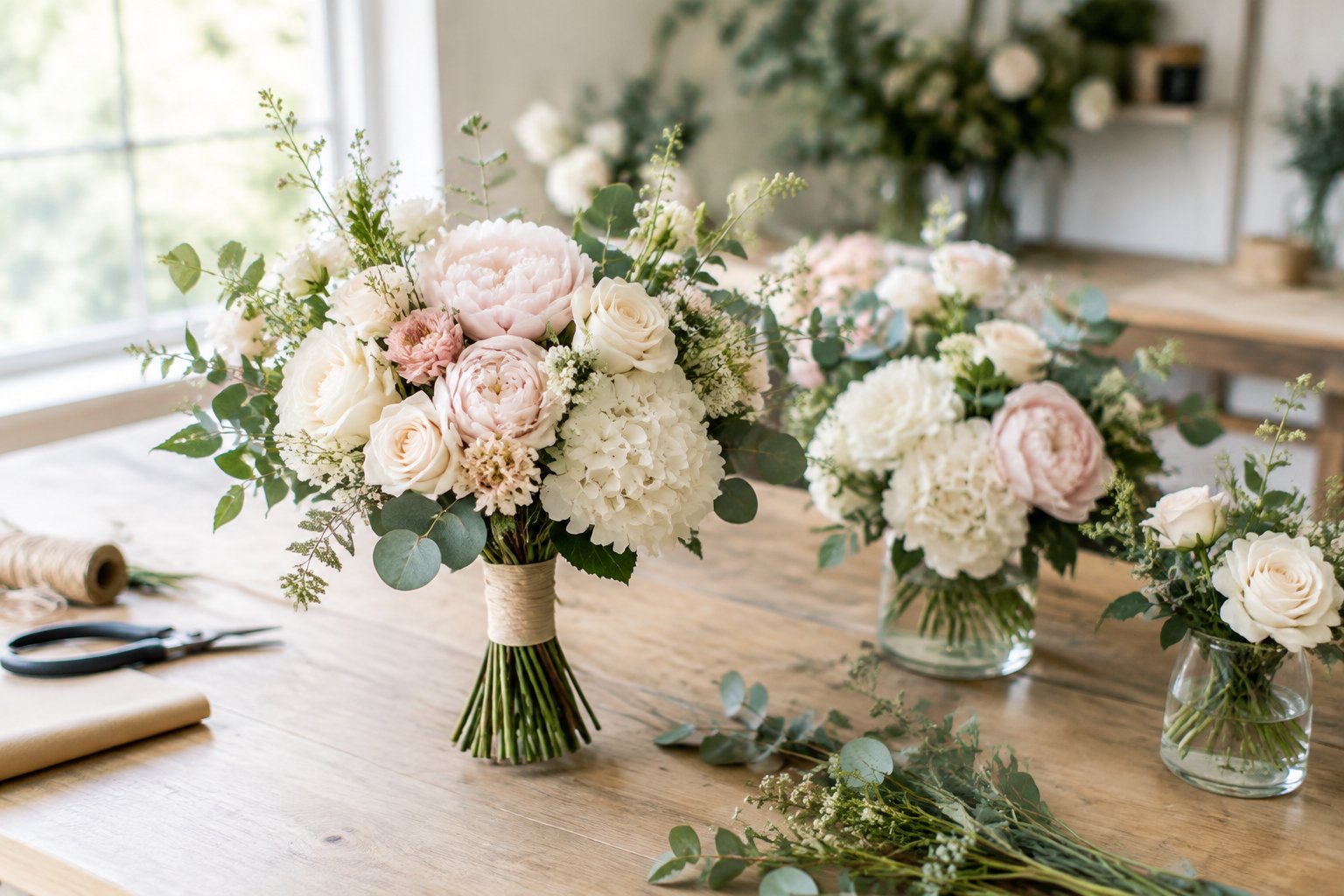 A bridal bouquet and matching wedding flowers arranged on a florist’s worktable.