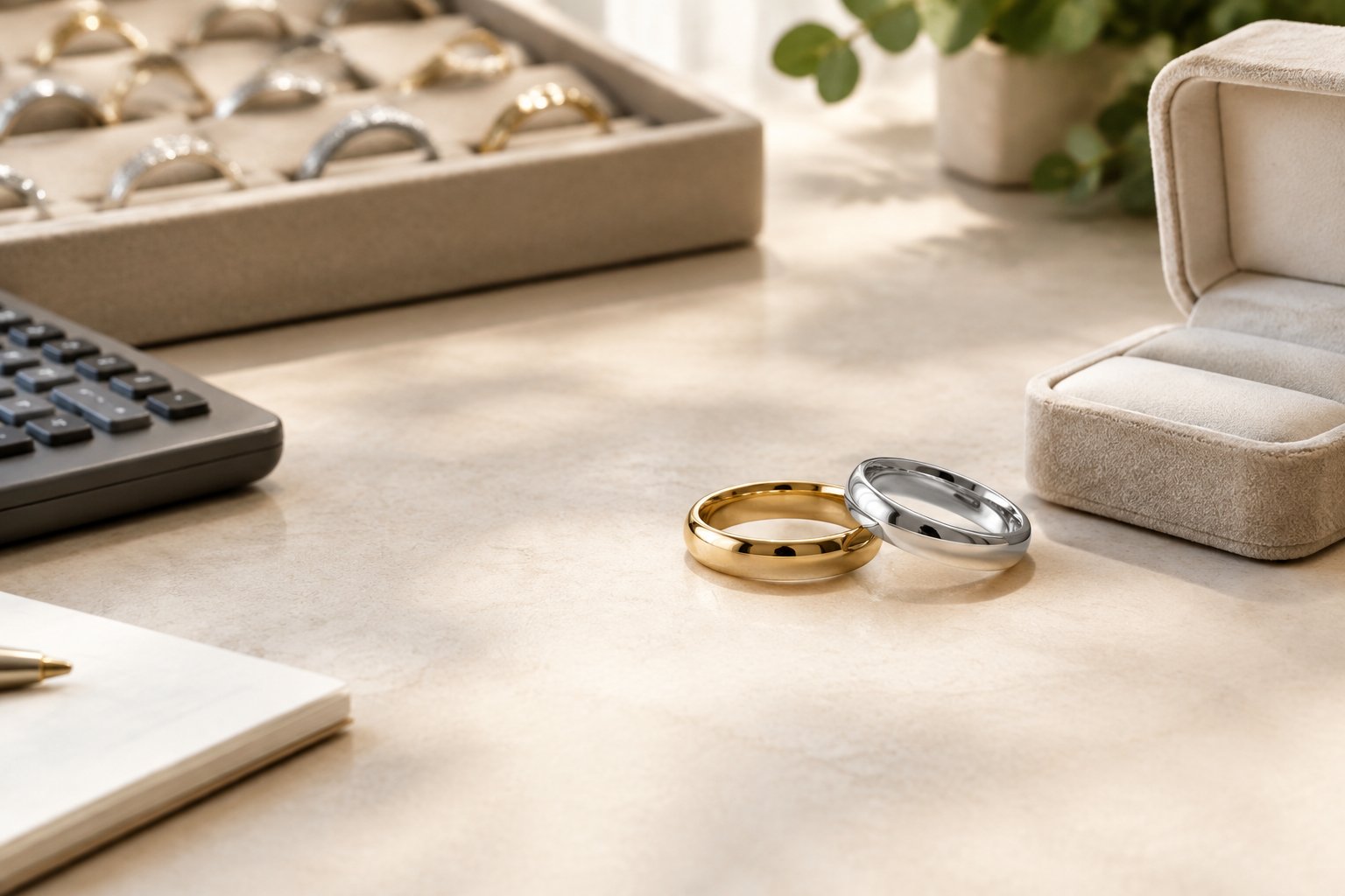 Two wedding bands displayed beside an open ring box on a jewelry counter.
