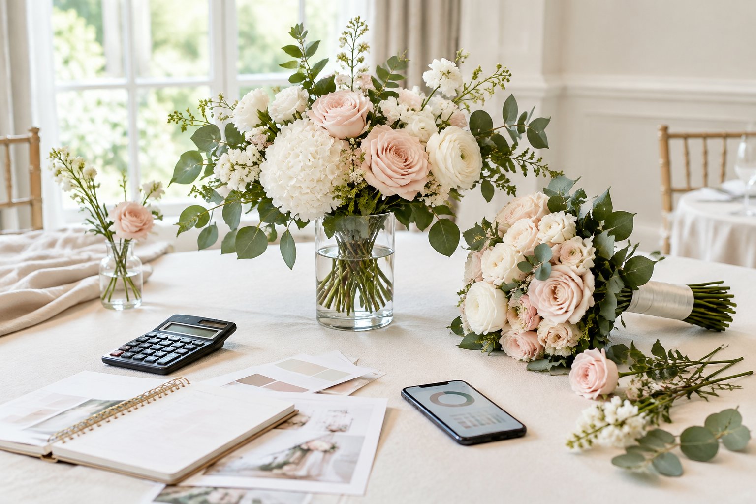 Wedding flowers arranged on a reception table beside a calculator and budgeting materials.