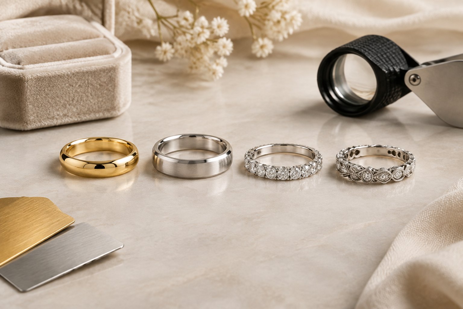 Several wedding bands arranged on a neutral surface beside a ring box and jewelry tools.