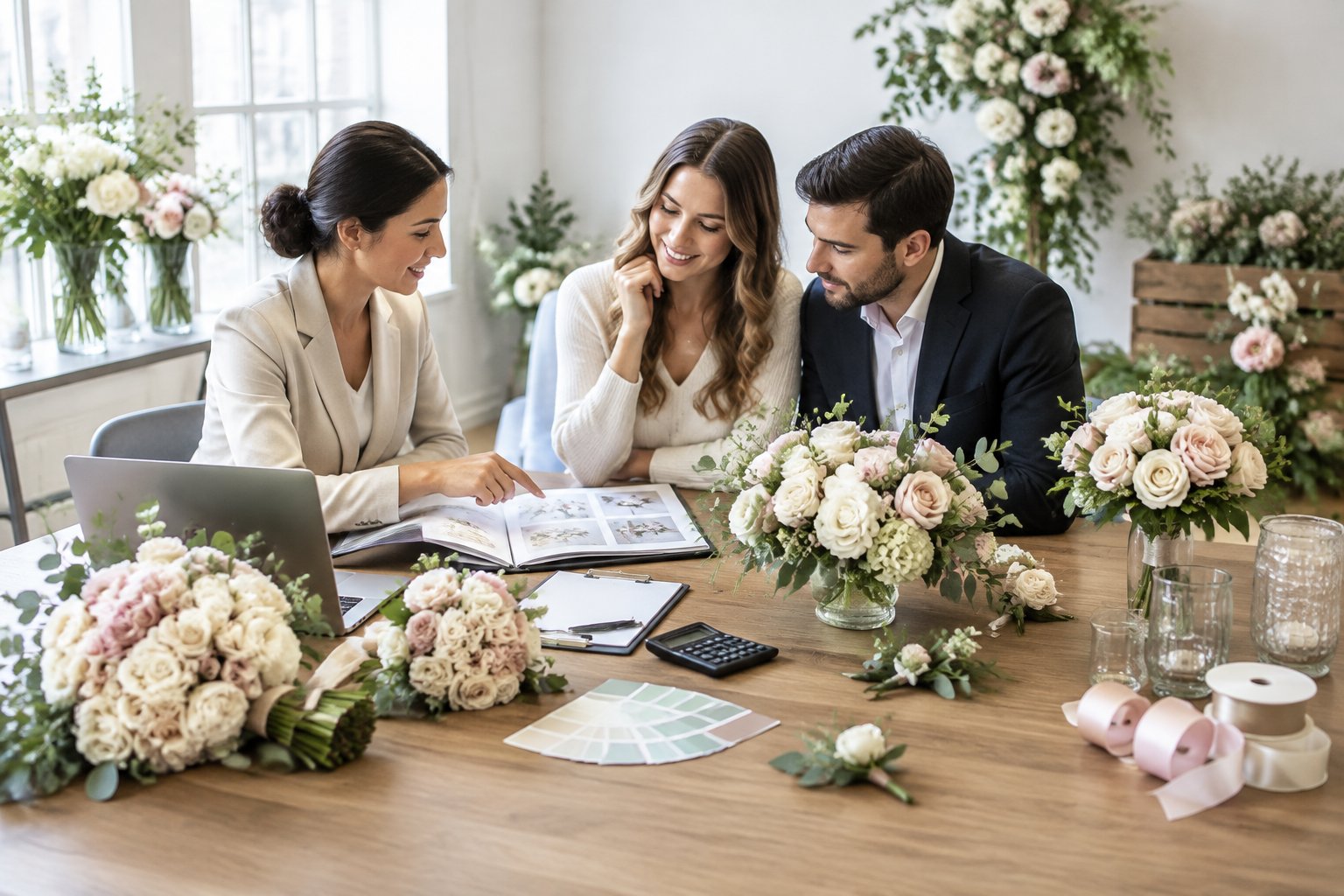 A florist and engaged couple review wedding flower arrangements and planning materials in a bright studio.