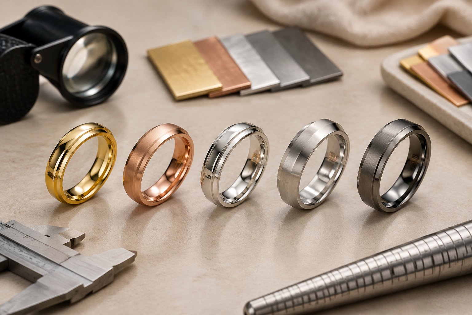 Several wedding bands made from different metals arranged for comparison on a neutral surface.