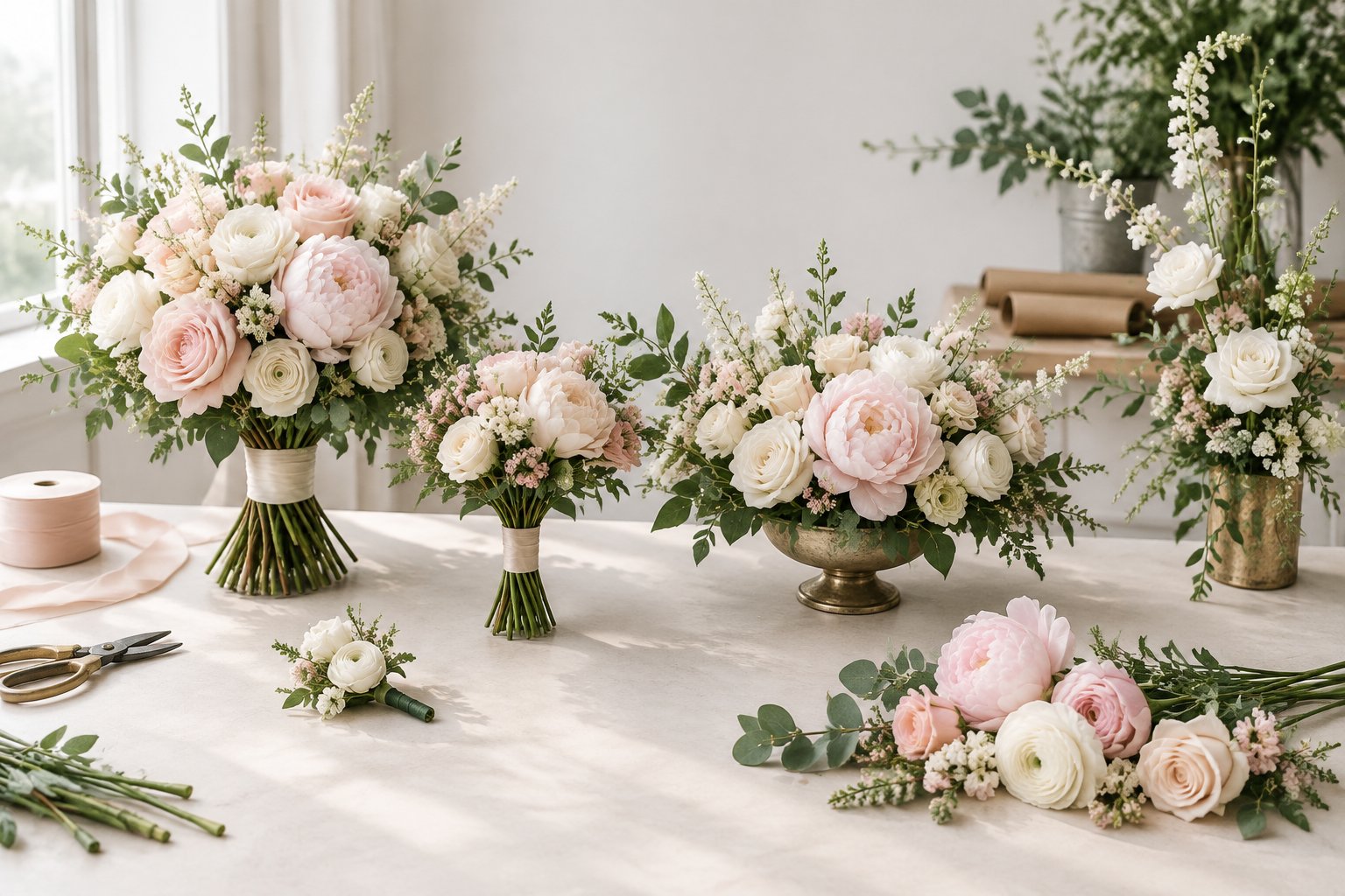 A selection of wedding bouquets, boutonnieres, and floral centerpieces arranged on a florist’s worktable.
