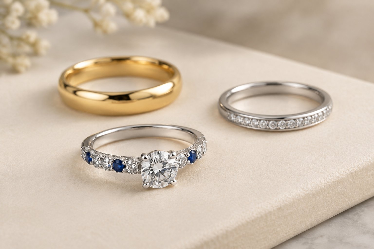 Several wedding bands with diamond and gemstone details displayed on a neutral jewelry surface.