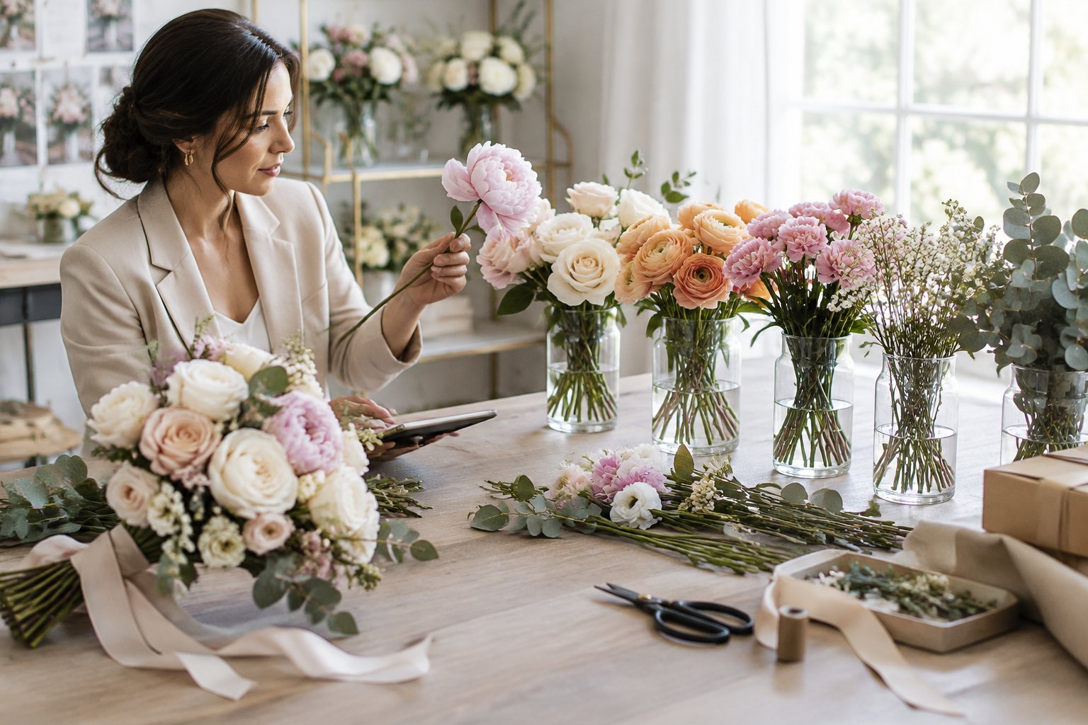 A florist compares seasonal wedding flowers and bouquet samples on a design table.