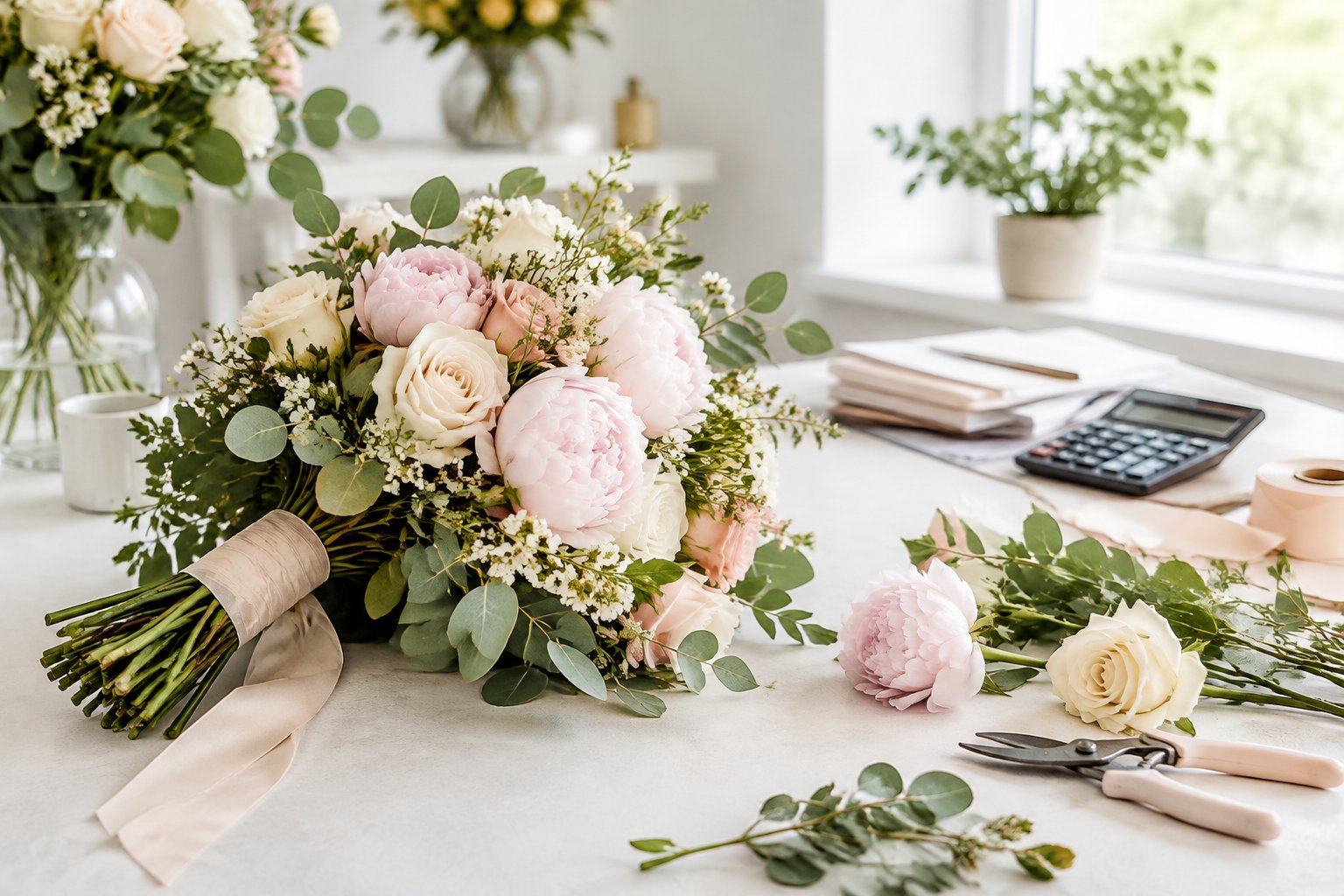 A wedding flower arrangement with a bridal bouquet, loose stems, and floral supplies on a light-colored worktable.