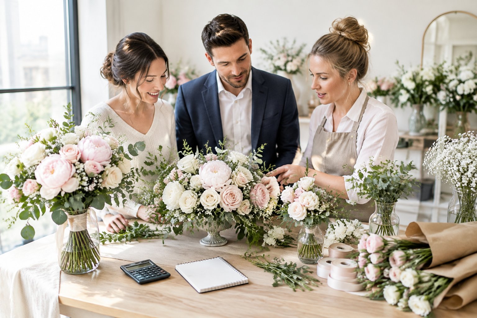 A couple consults with a florist while comparing wedding flower arrangements in a bright studio.
