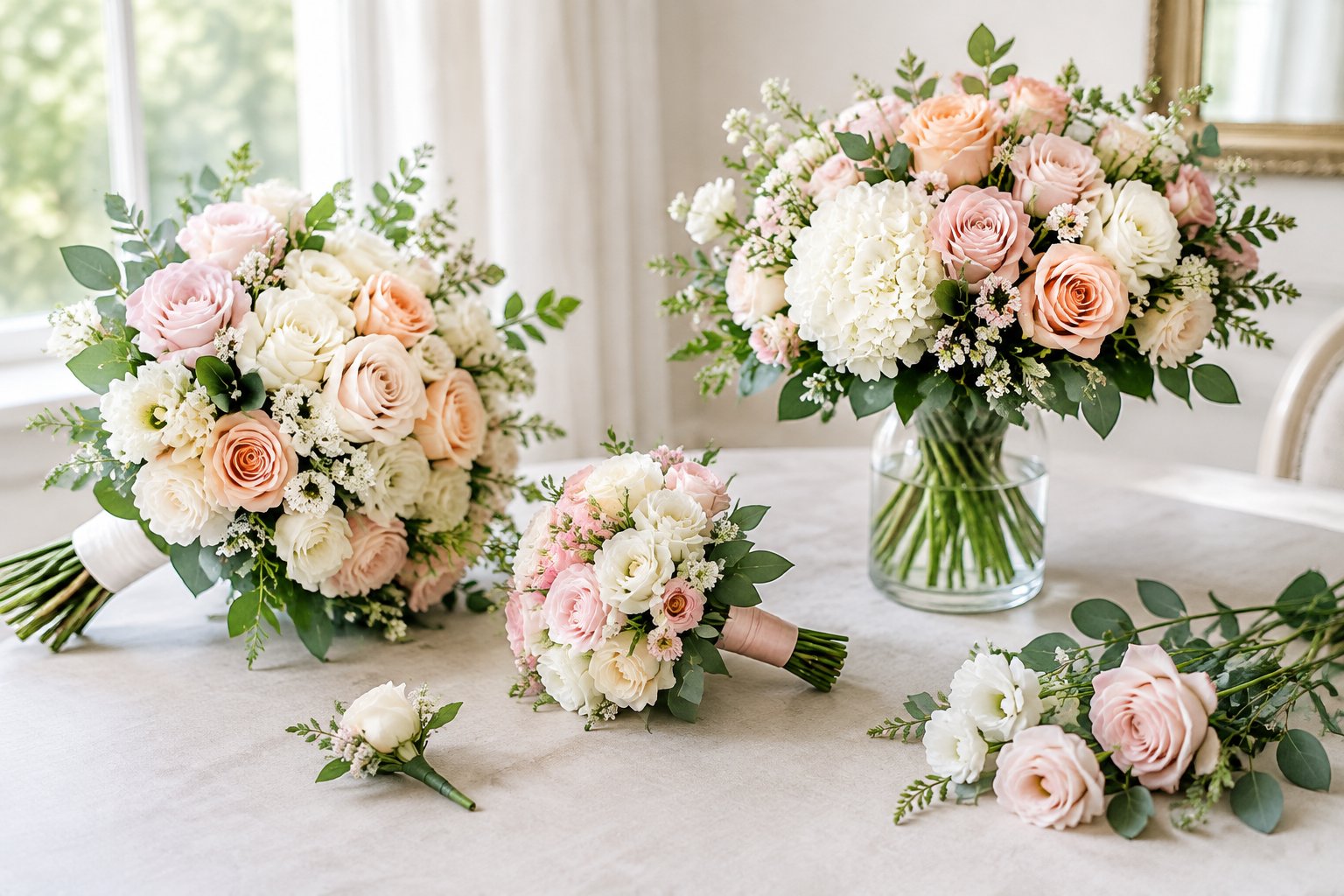 Wedding bouquets, a boutonniere, and a floral centerpiece arranged on a table.