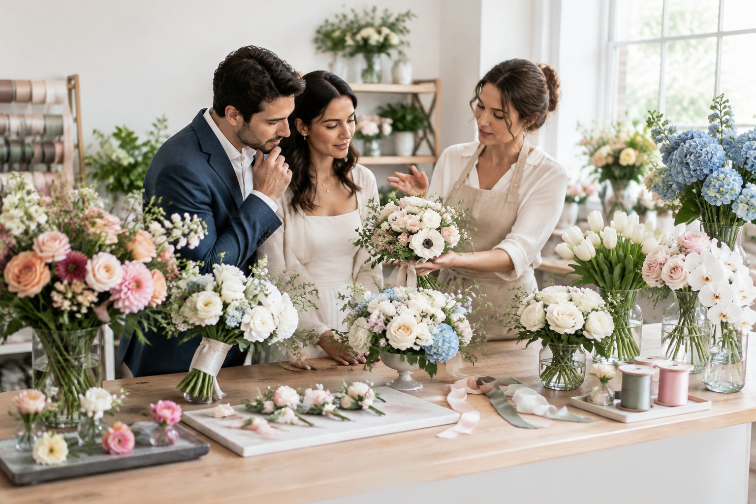 A florist discusses wedding flower options with an engaged couple at a flower-filled studio table.