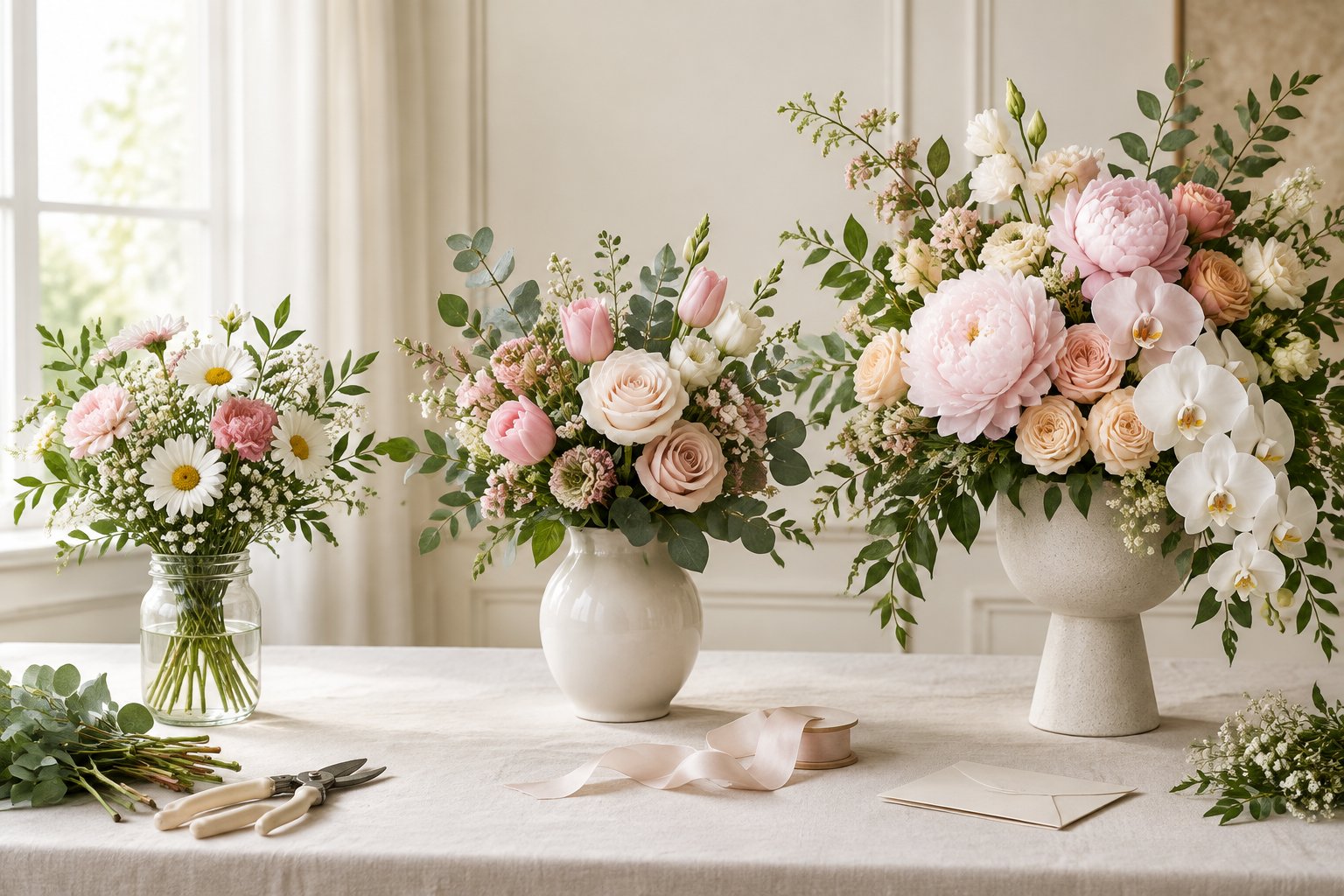 Three wedding flower arrangements of different sizes and styles displayed side by side on a table.