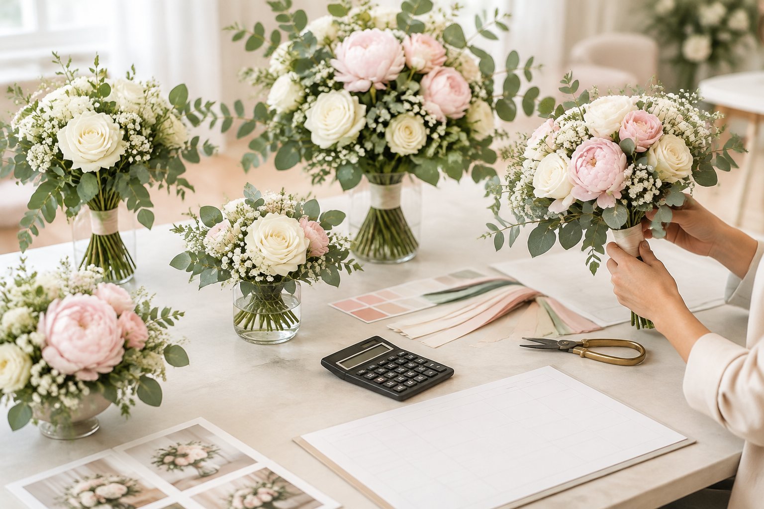 A florist compares wedding flower samples and bouquet designs on a consultation table.
