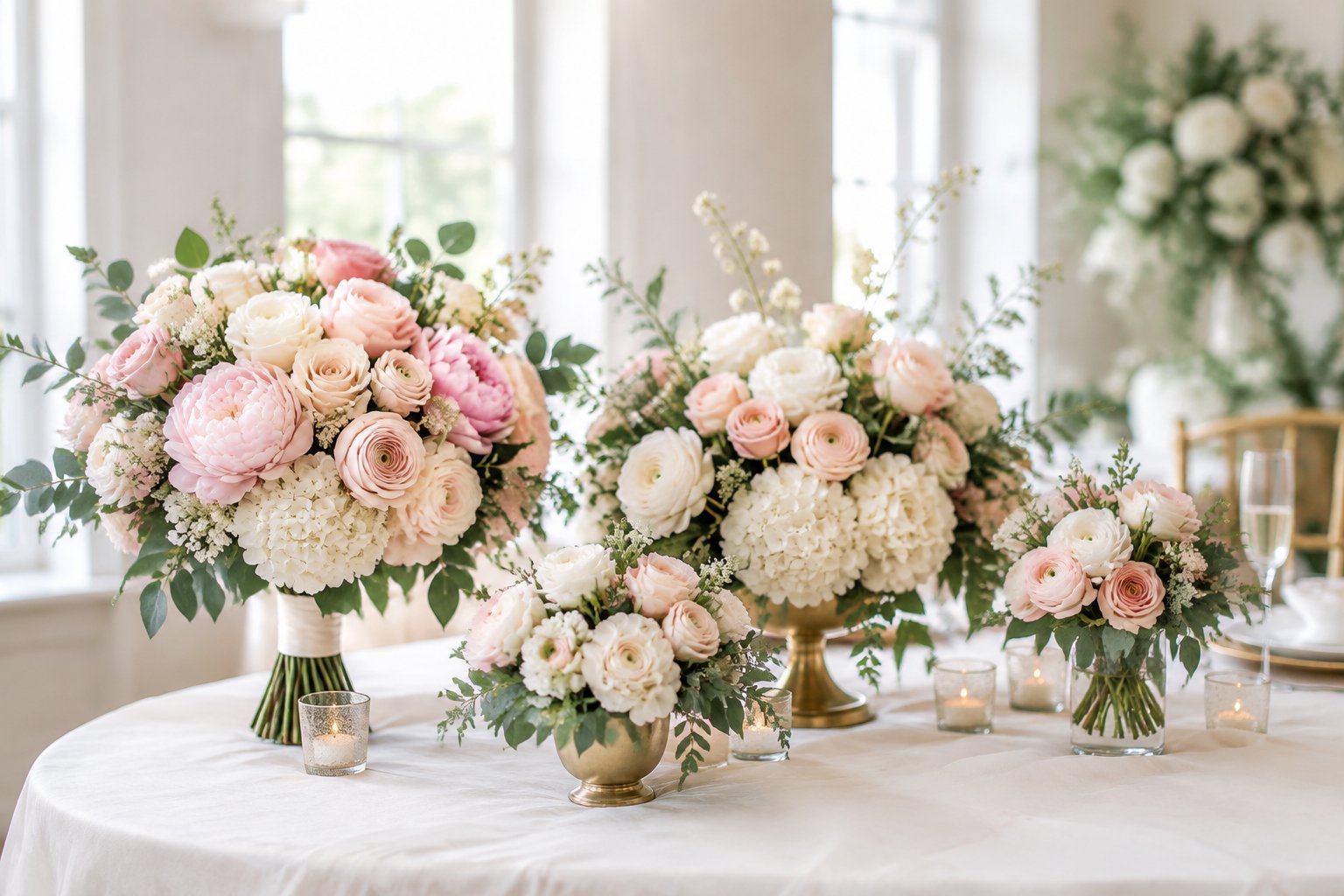 A bridal bouquet and several wedding flower arrangements displayed on an elegant reception table.