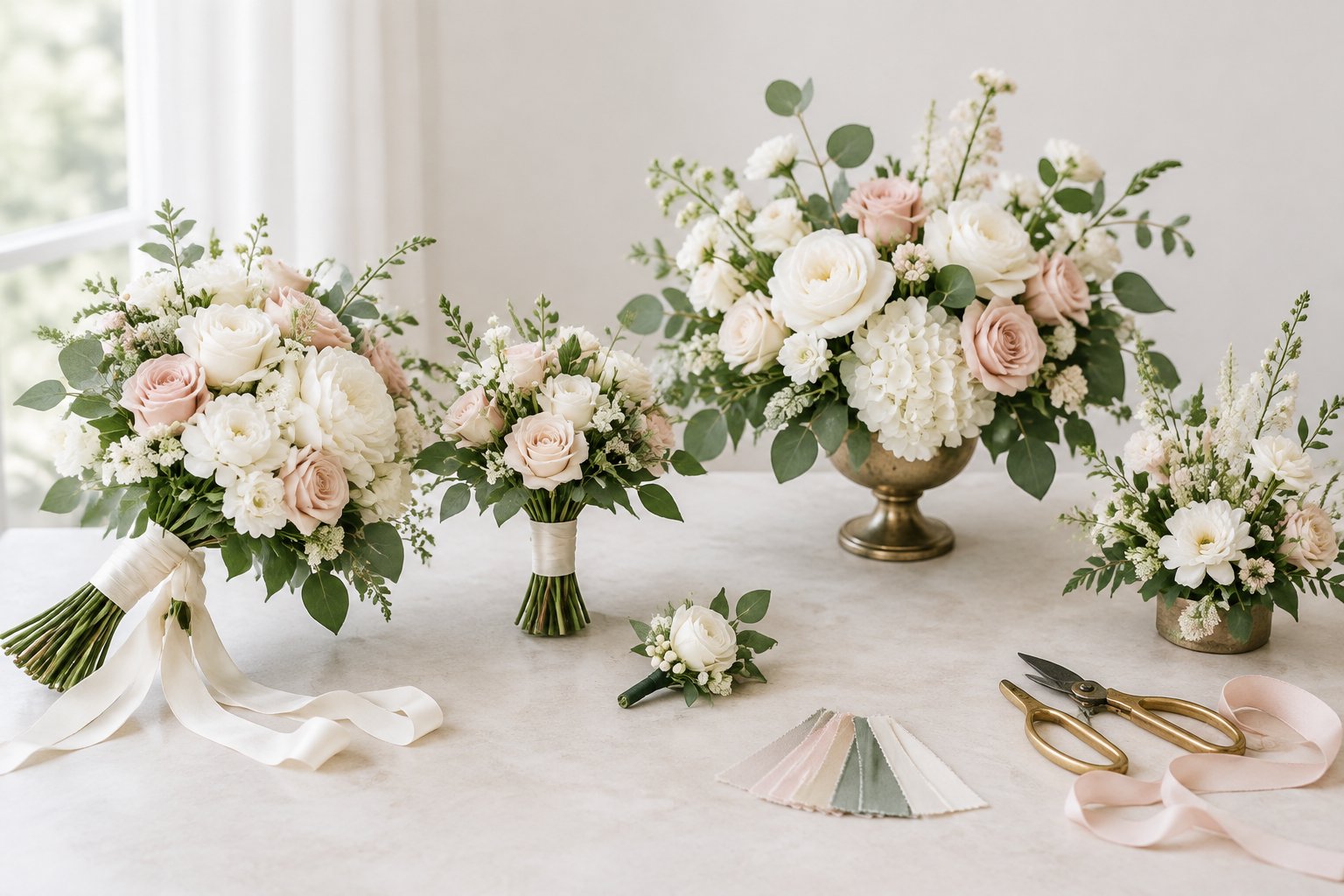 Wedding bouquets, a boutonniere, and floral centerpieces arranged on a table.