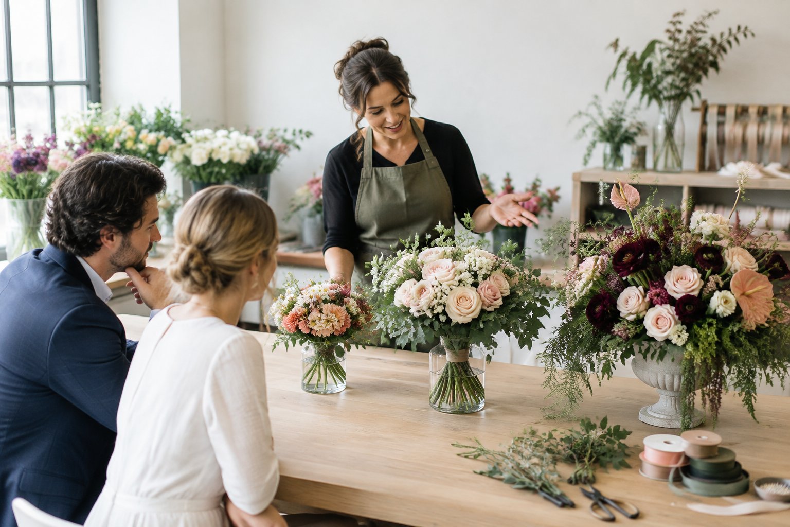 A couple discusses several wedding flower arrangements with a florist in a bright studio.