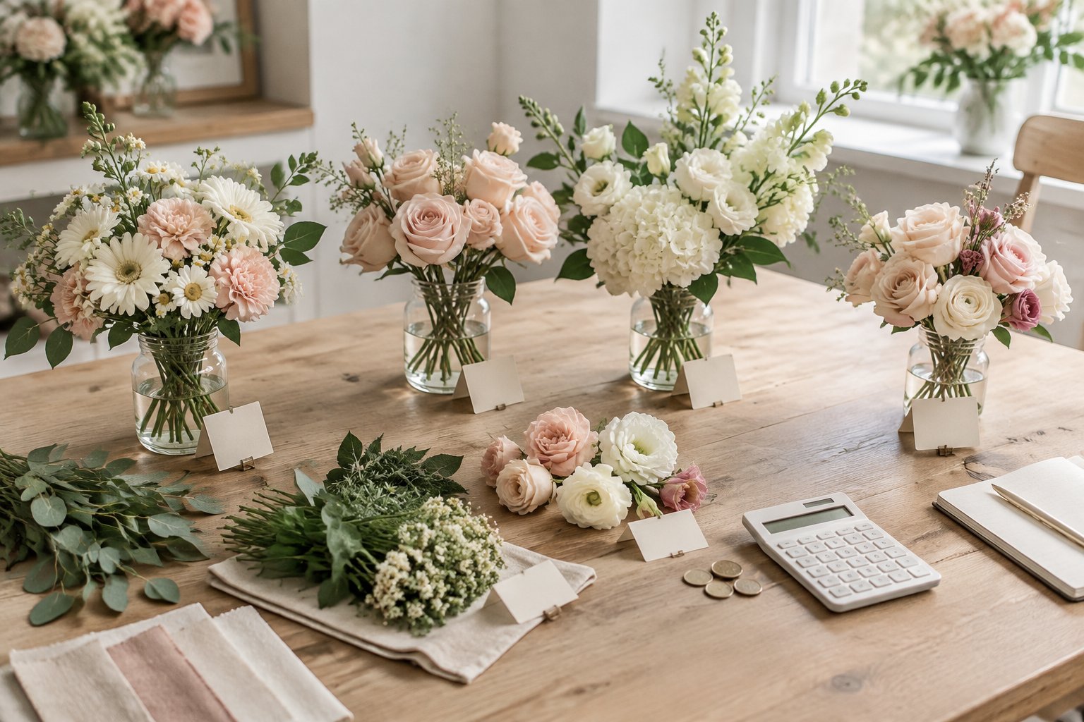 Wedding flowers, greenery, a calculator, and small budgeting items arranged on a florist’s worktable.