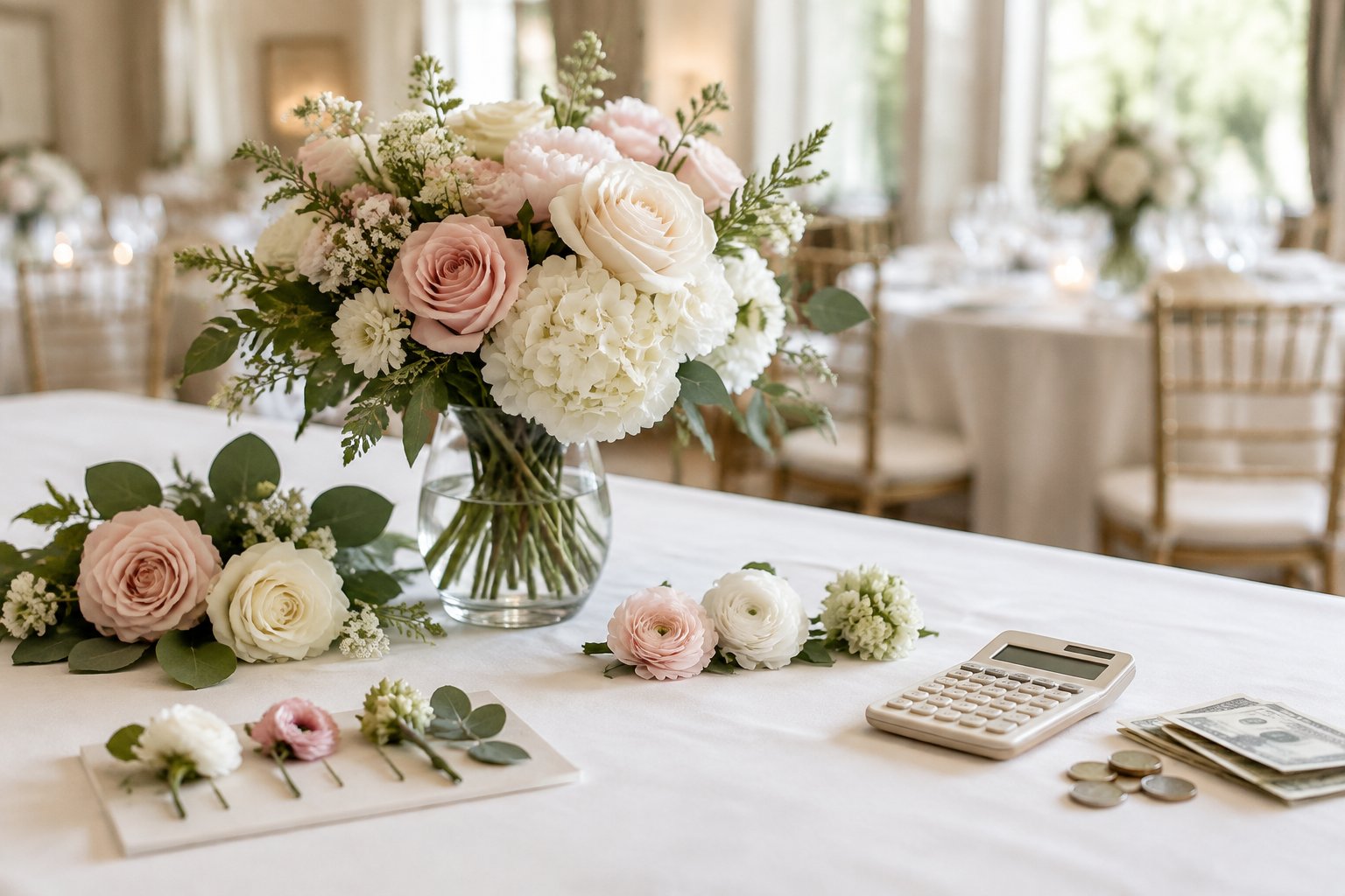 Wedding flowers arranged on a reception table beside a calculator and money.