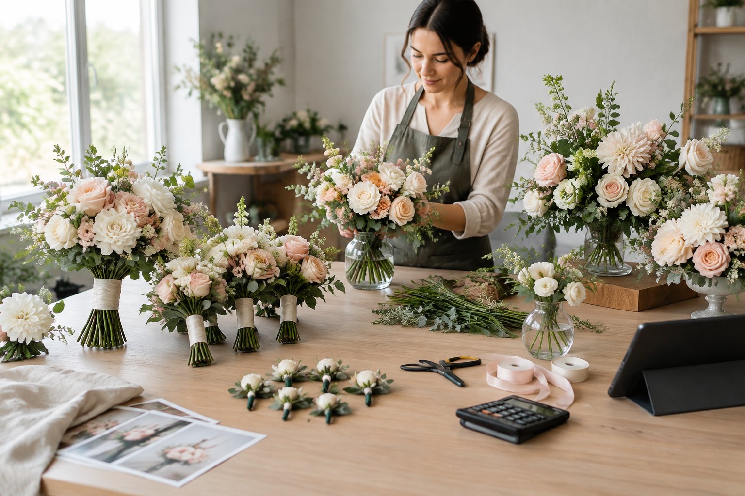 A florist arranges wedding bouquets, boutonnieres, and centerpieces on a worktable.