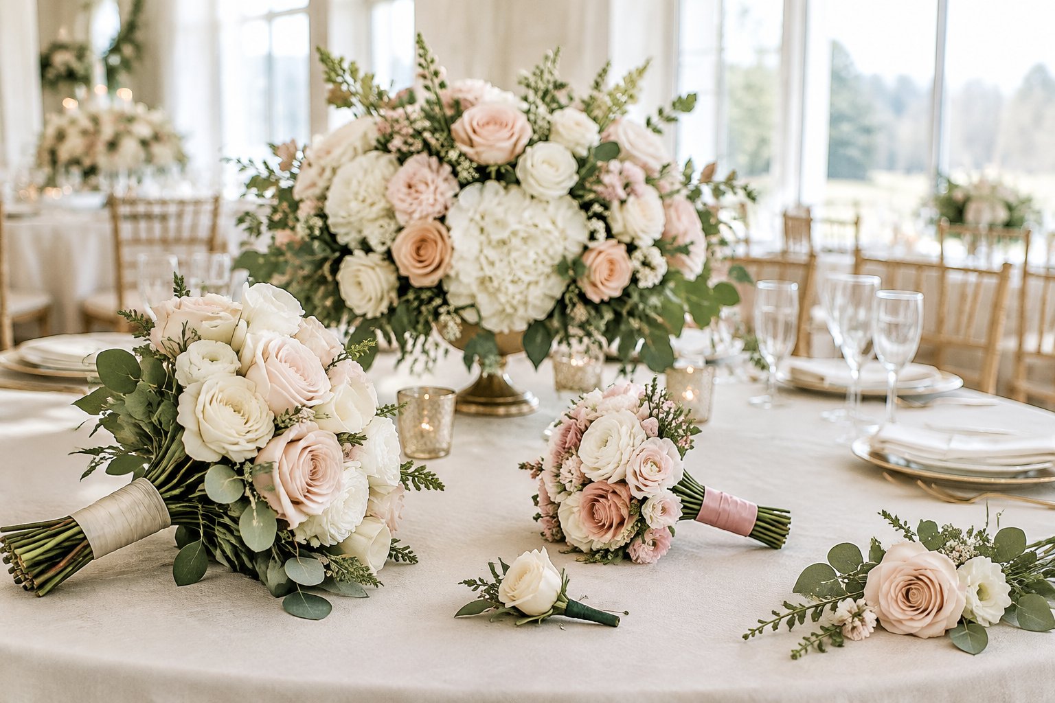Wedding flowers arranged on a reception table with bouquets, a boutonniere, and loose floral stems.